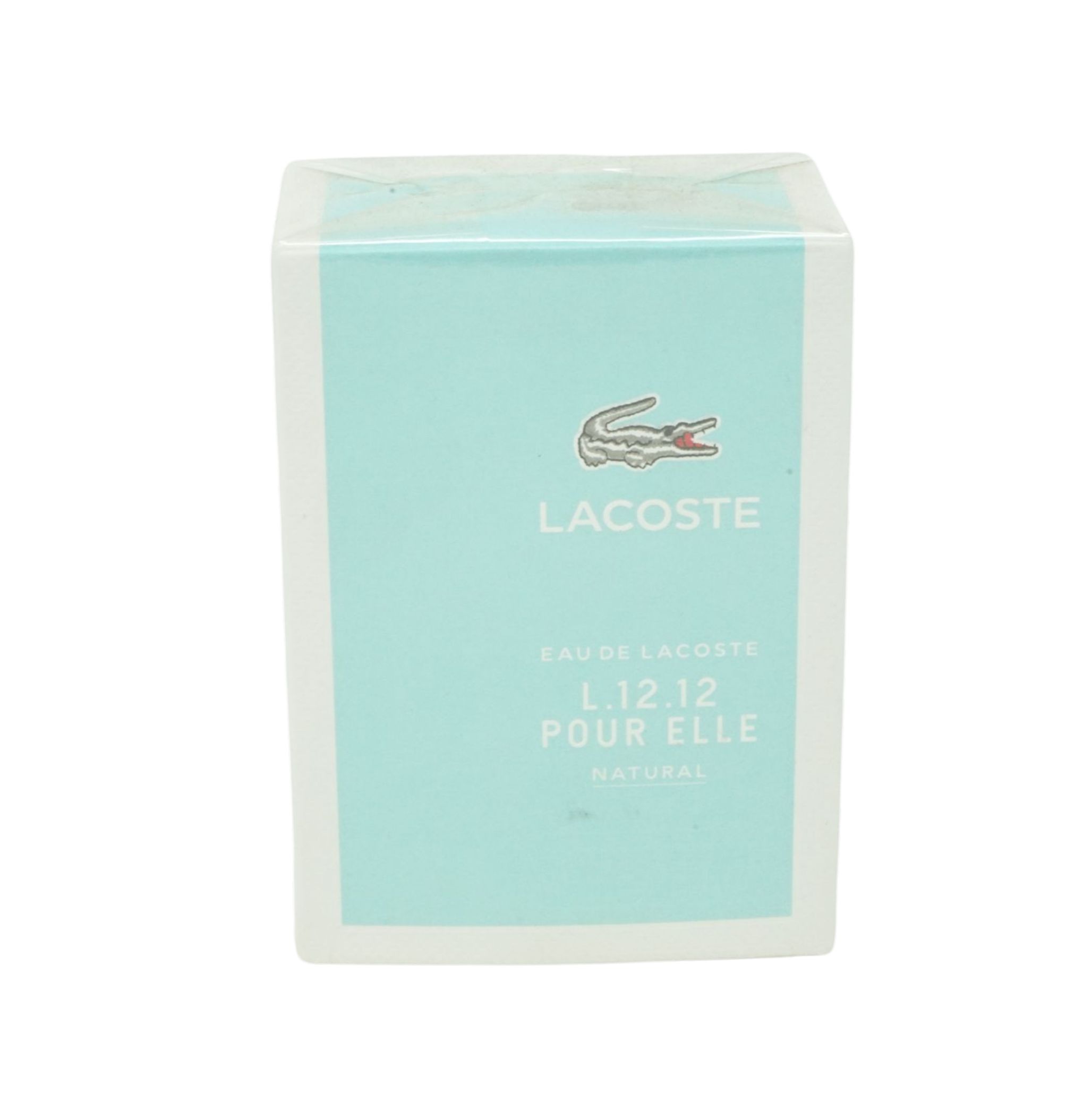 Verpackung von Lacoste Pour Elle L.12.12 Natural Eau de Toilette. Hellblaues Rechteck mit Logo und Schriftzug.