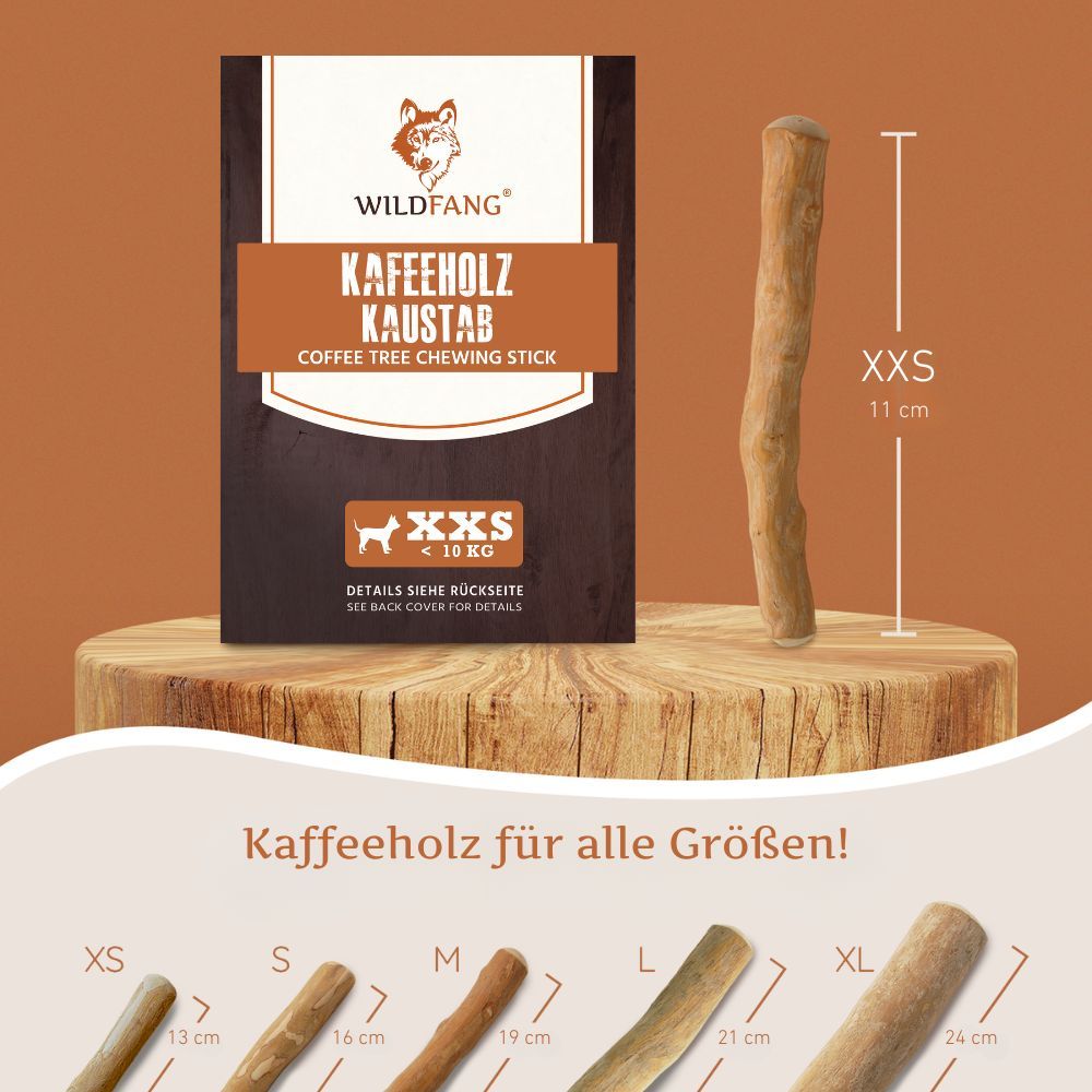 Kaustab und Verpackung. Größen XS, S, M, L, XL. Text: Kaffeeholz für alle Größen! XXS 11 cm.