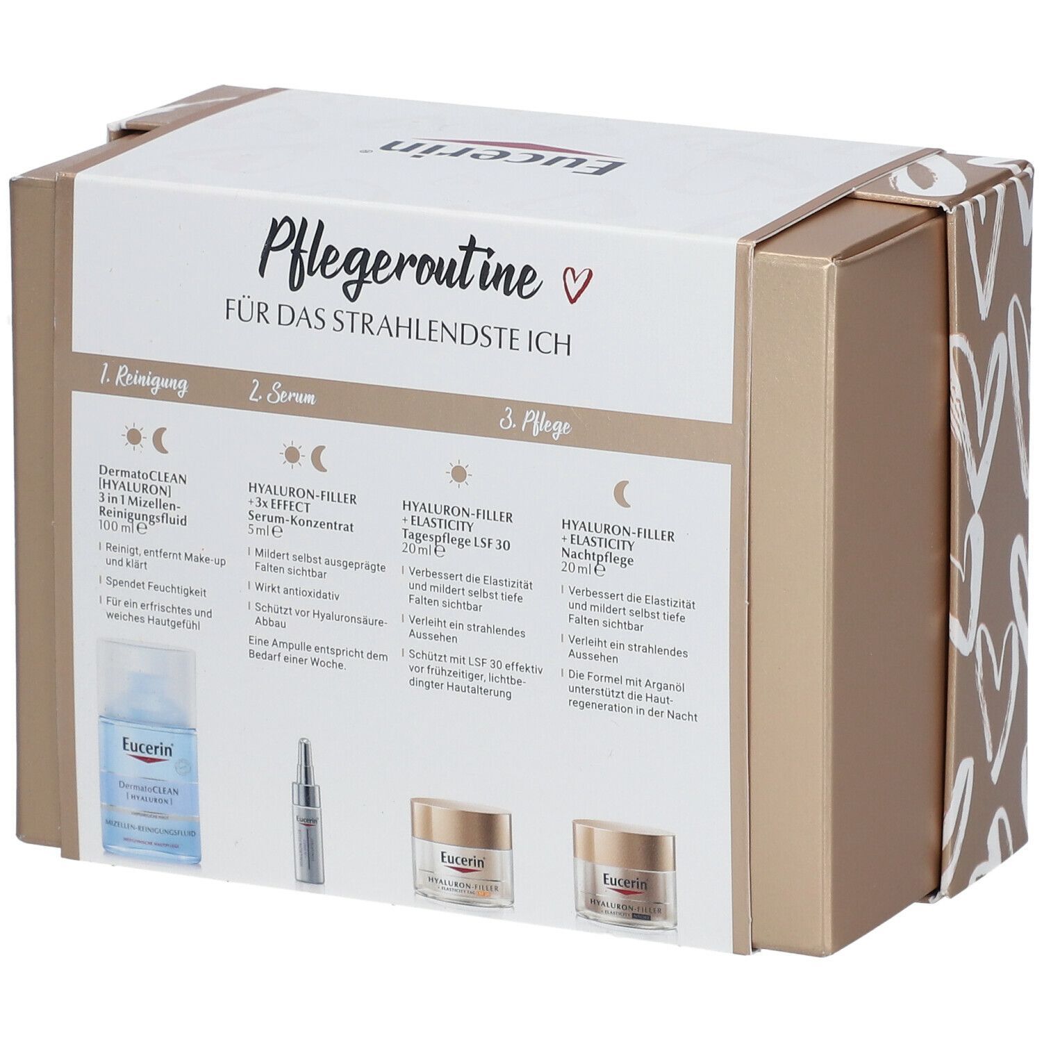 Geschenkset mit Produkten. Box mit goldfarbenen Seiten und weißer Front. Enthält Flasche, Serum und Cremes. Eucerin-Logo und Produktnamen.