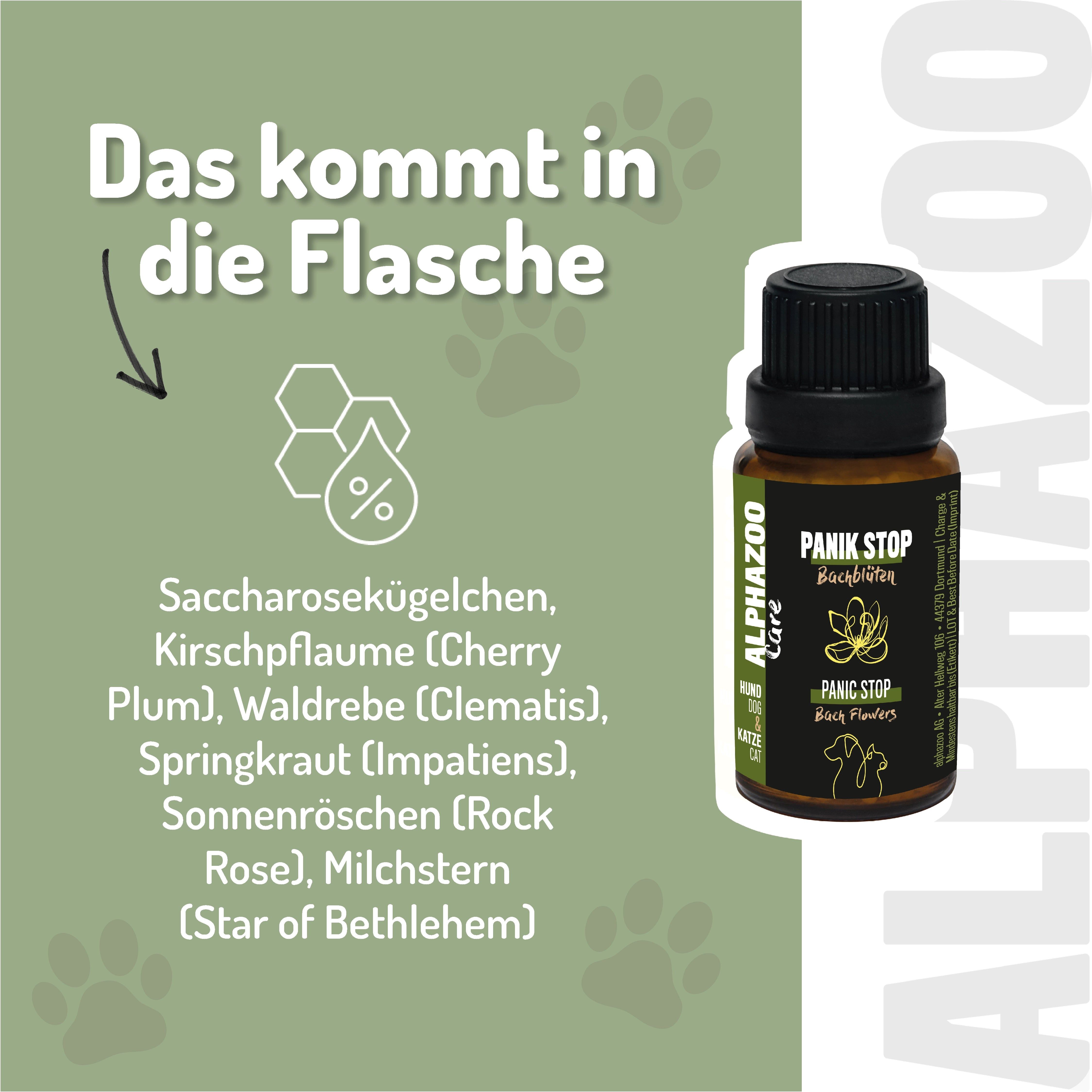 Flasche mit Globuli. Text: Das kommt in die Flasche. Inhaltsstoffe: Saccharosekügelchen, Kirschpflaume, Waldrebe, Springkraut, Sonnenröschen, Milchstern.