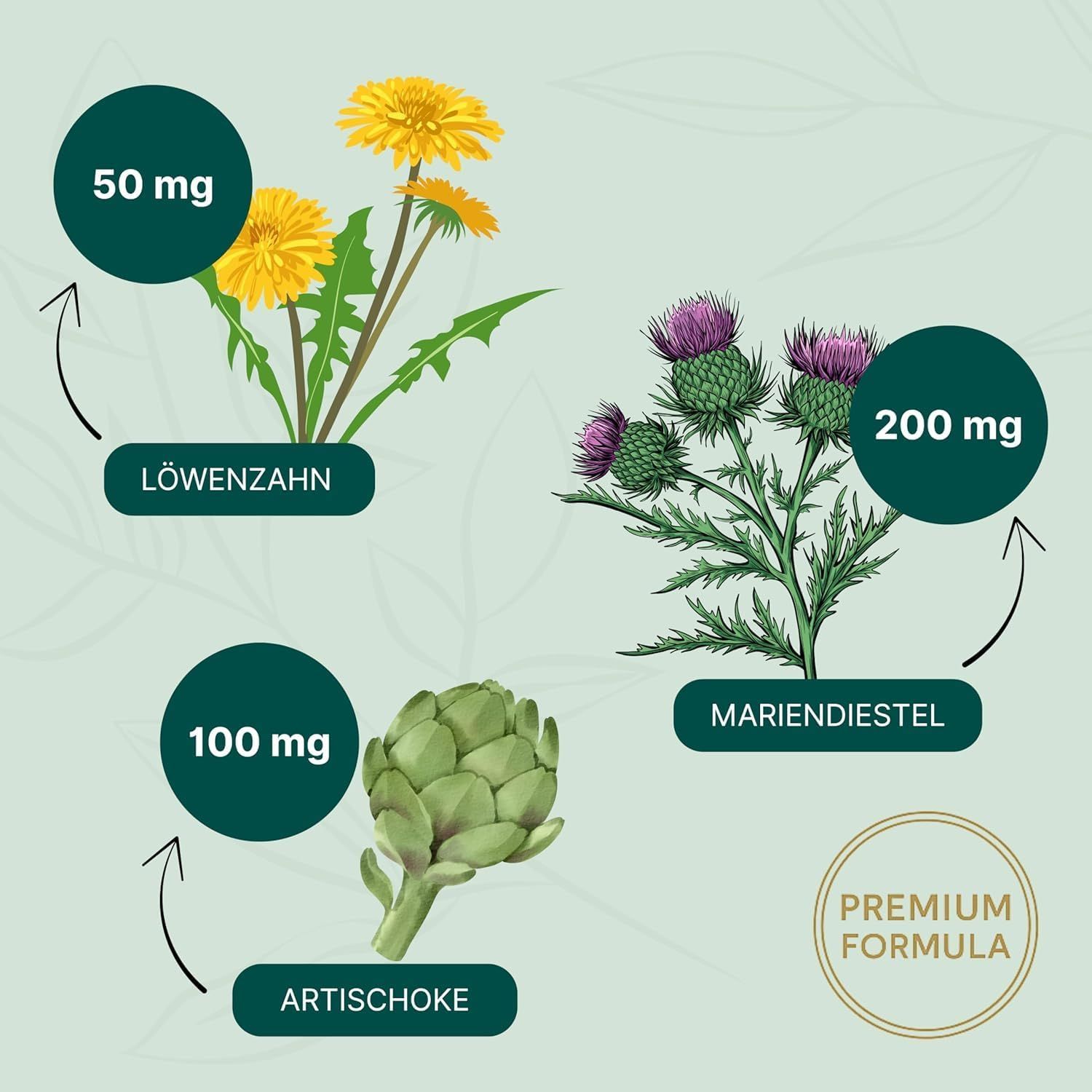Grafik mit Pflanzen: Löwenzahn, Artischocke, Mariendistel. Mengen: 50 mg, 100 mg, 200 mg. Premium Formula.