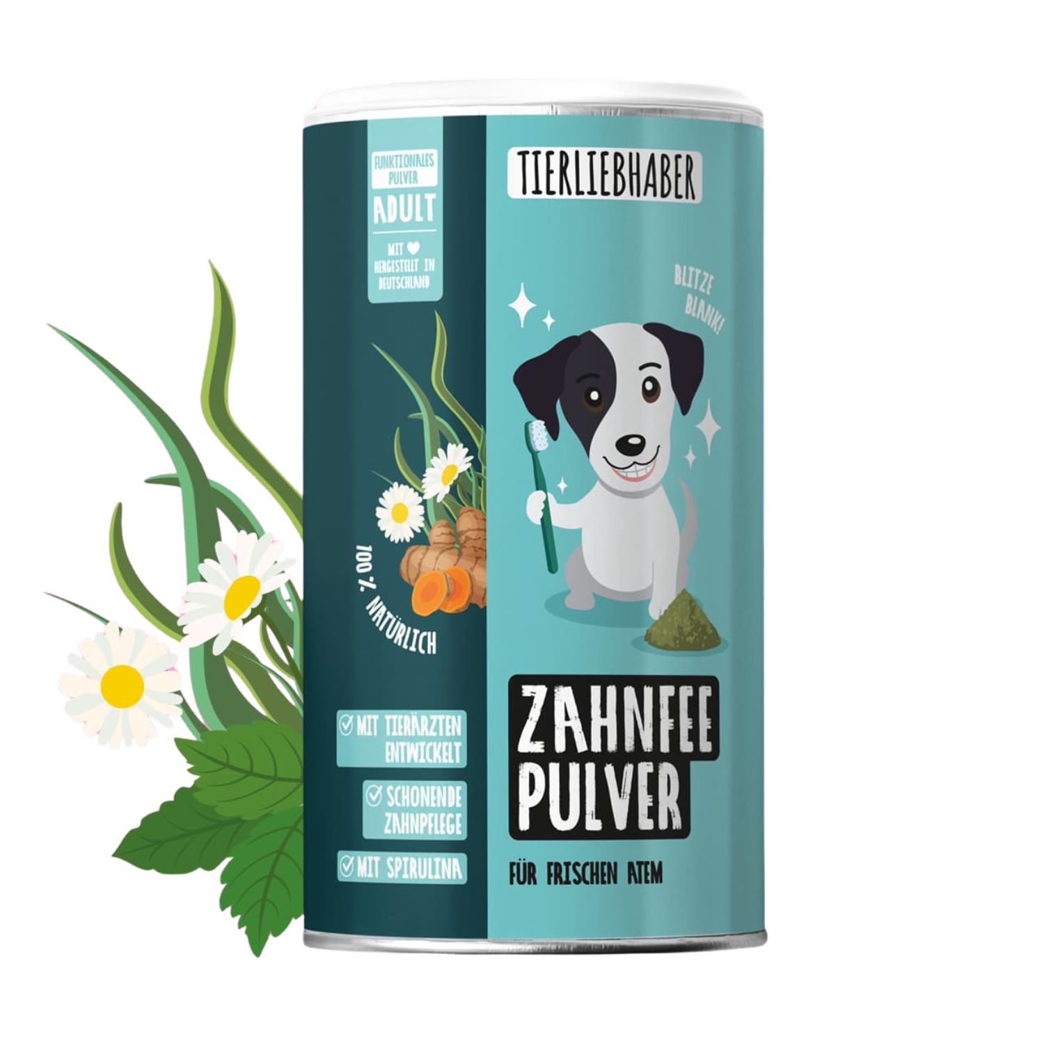 Zahnfee Pulver Dose mit Hund, Kräutern und Gemüse. Aufschrift: Tierliebhaber, Zahnfee Pulver, für frischen Atem.