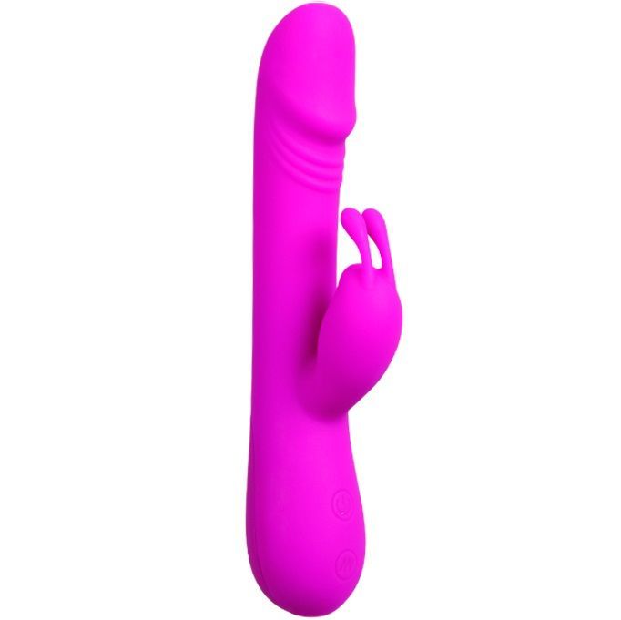 Pinkfarbener Vibrator mit Kaninchenohren-Design. Silikon-Material, längliche Form.