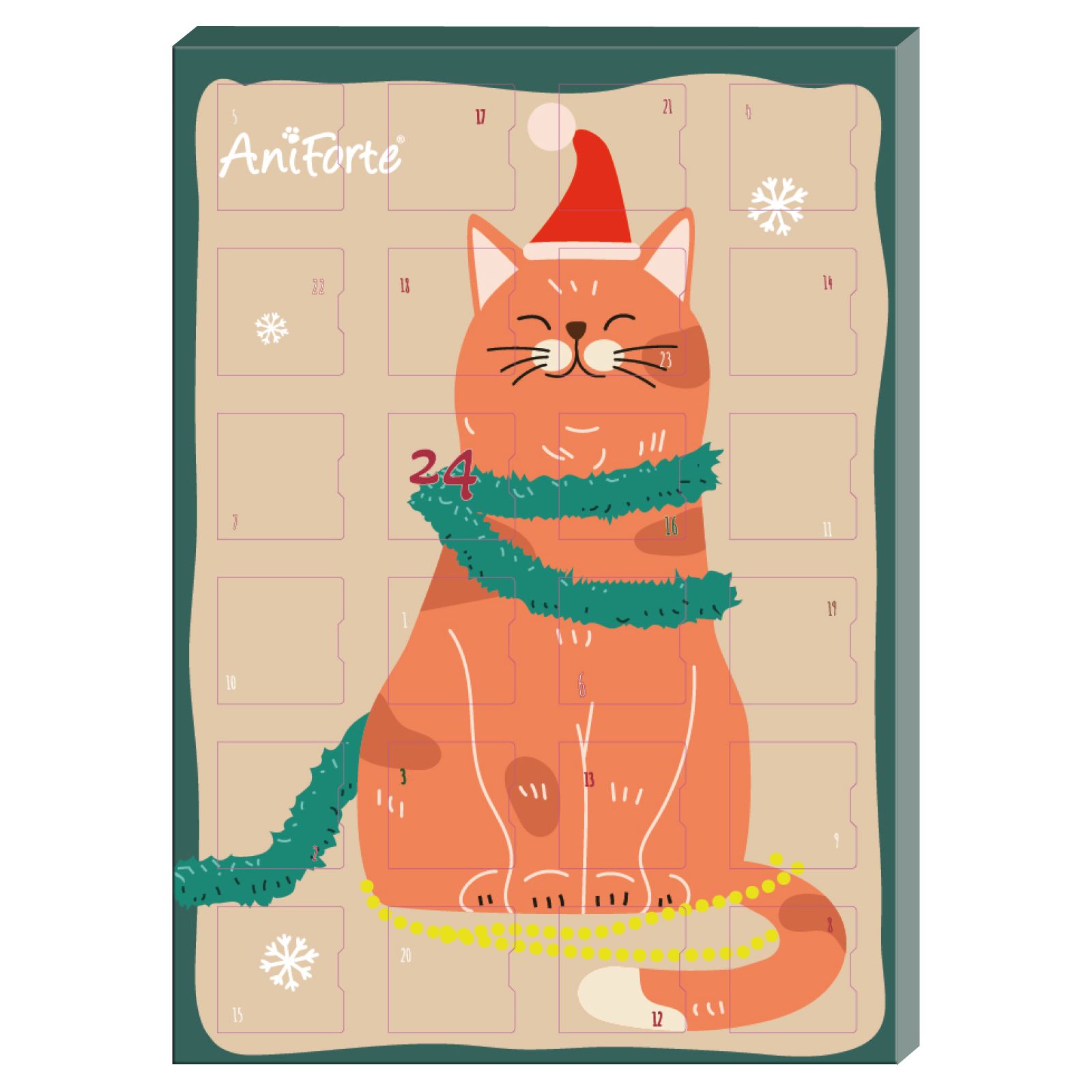Ein Adventskalender für Katzen mit einem orangefarbenen Kater, der einen Weihnachtsmannhut und eine Girlande trägt.