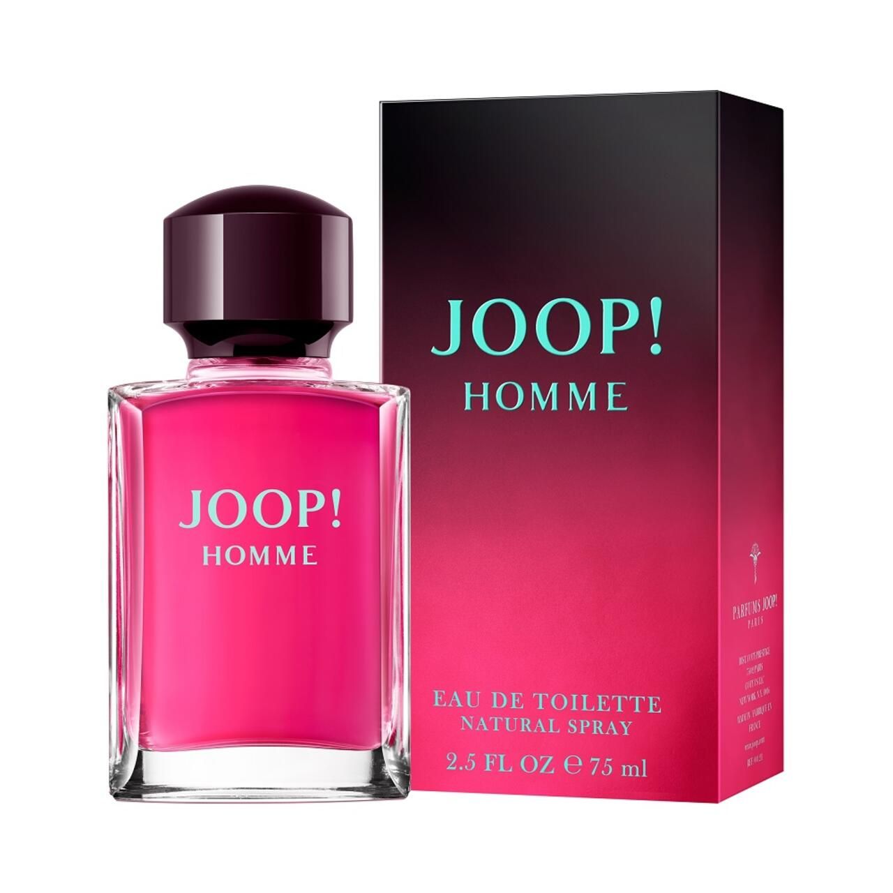 JOOP! HOMME Flakon und Verpackung. Pinkfarbener Flakon, schwarze Verpackung mit Schriftzug.