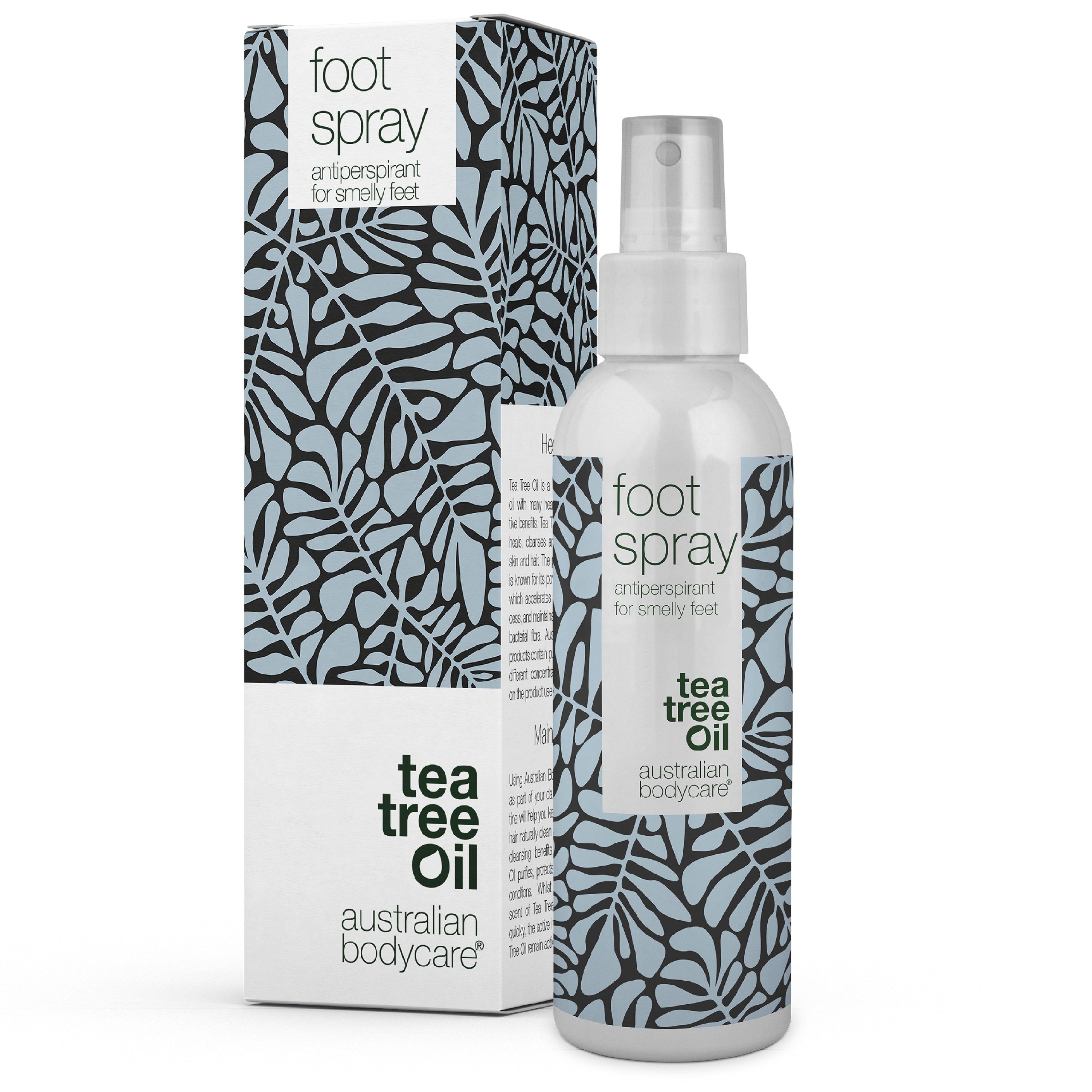Fußspray-Flasche und Verpackung. Aufschrift: "foot spray" und "tea tree oil". Marke: Australian Bodycare. Schwarzes Muster.