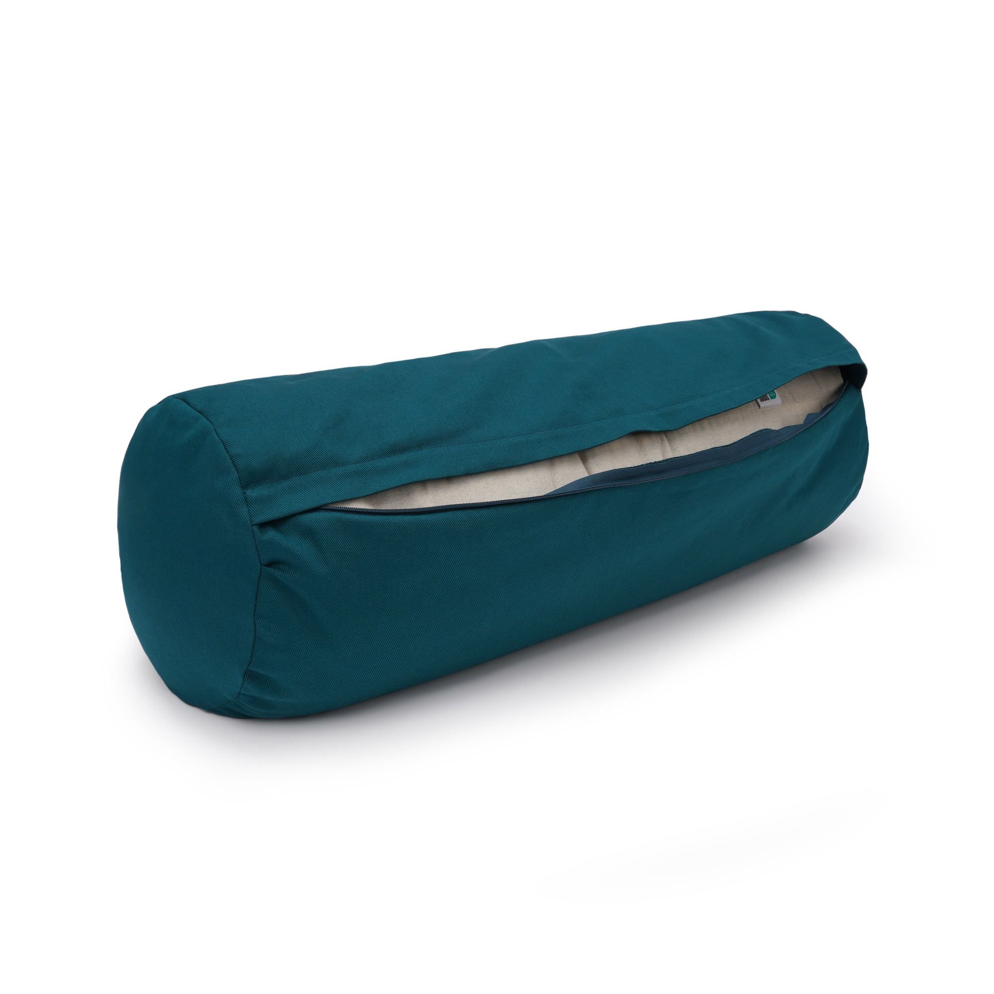Petrolfarbenes Yogabox Bolster, zylindrisch, Bezug geöffnet, Einlage sichtbar.