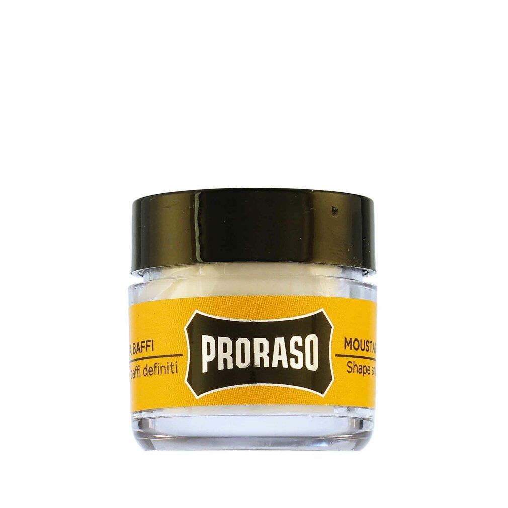 Glas mit Bartwachs, schwarzem Deckel und gelbem Etikett. Aufschrift: PRORASO, Cera Baffi.