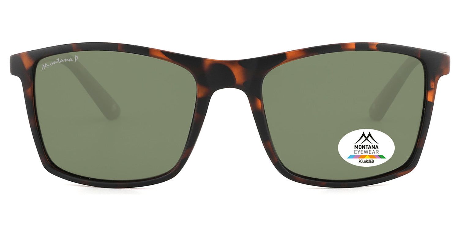 Sonnenbrille mit braunem Rahmen und grünen Gläsern. Montana Eyewear Logo auf dem Glas. Rechteckige Form.