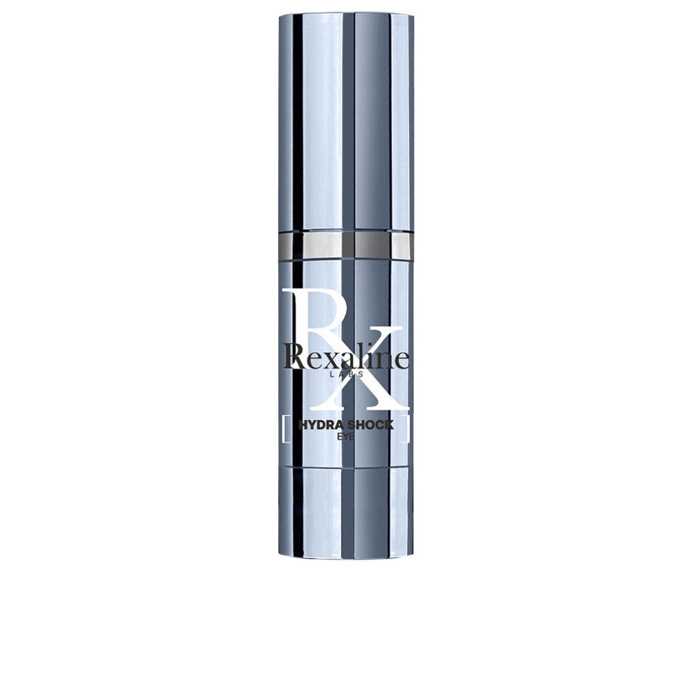 Zylindrische Flasche mit silberner Kappe. Aufschrift: Rexaline Labs, Hydra Shock Eye.