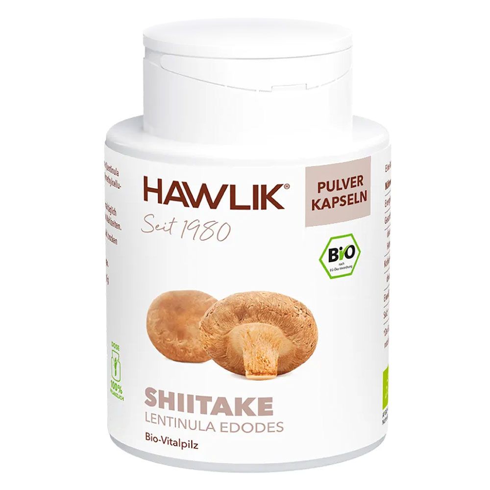 Weiße Dose mit Aufschrift "HAWLIK", "Shiitake" und Bio-Siegel. Abbildung von Shiitake-Pilzen.
