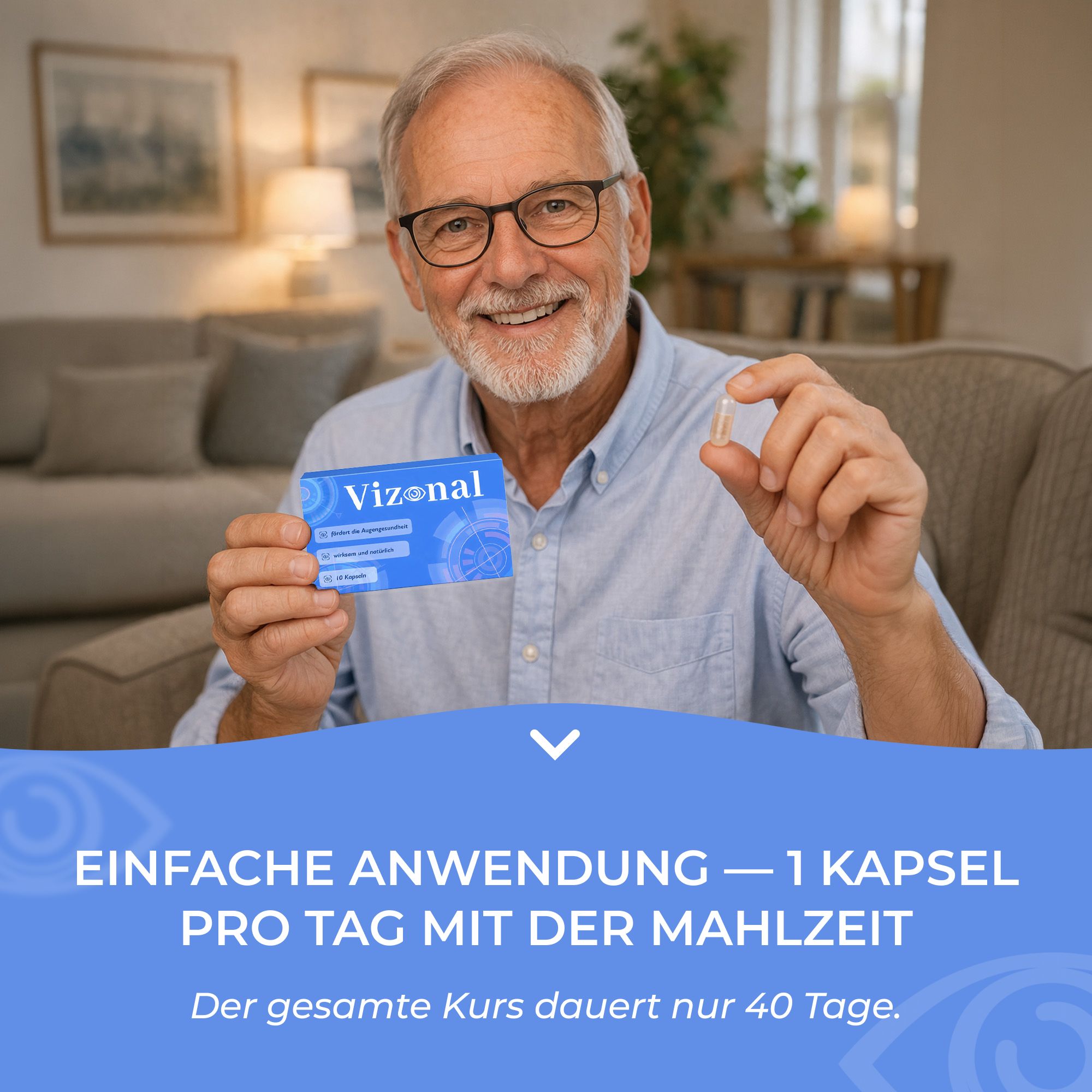 Älterer Mann hält eine Kapsel und eine blaue "Vizonal"-Schachtel. Text: "Einfache Anwendung - 1 Kapsel pro Tag".