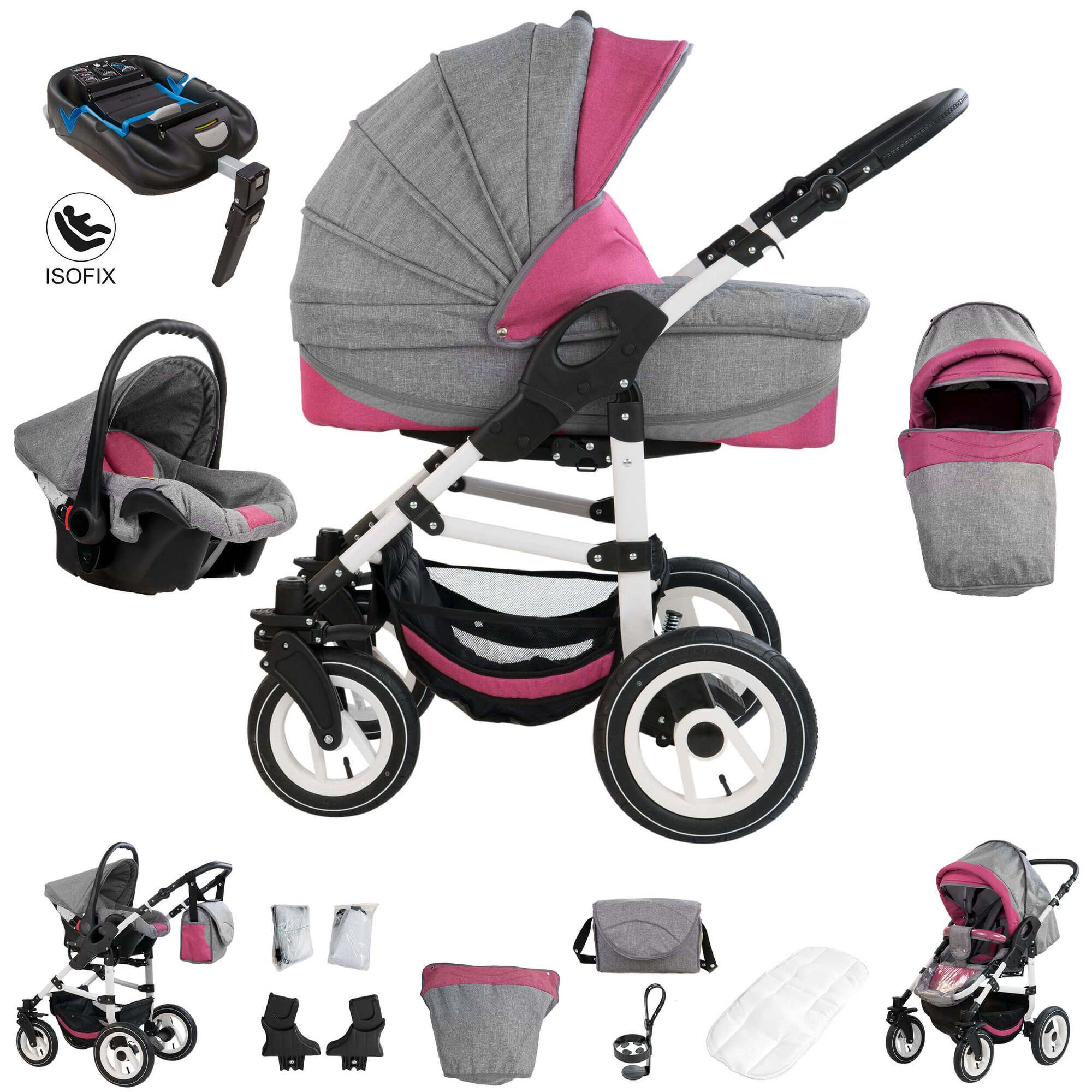 Bebebi Florenz Isofix Basis & Autositz 4 in 1 Kinderwagen Luftreifen, Davanzati Pink White