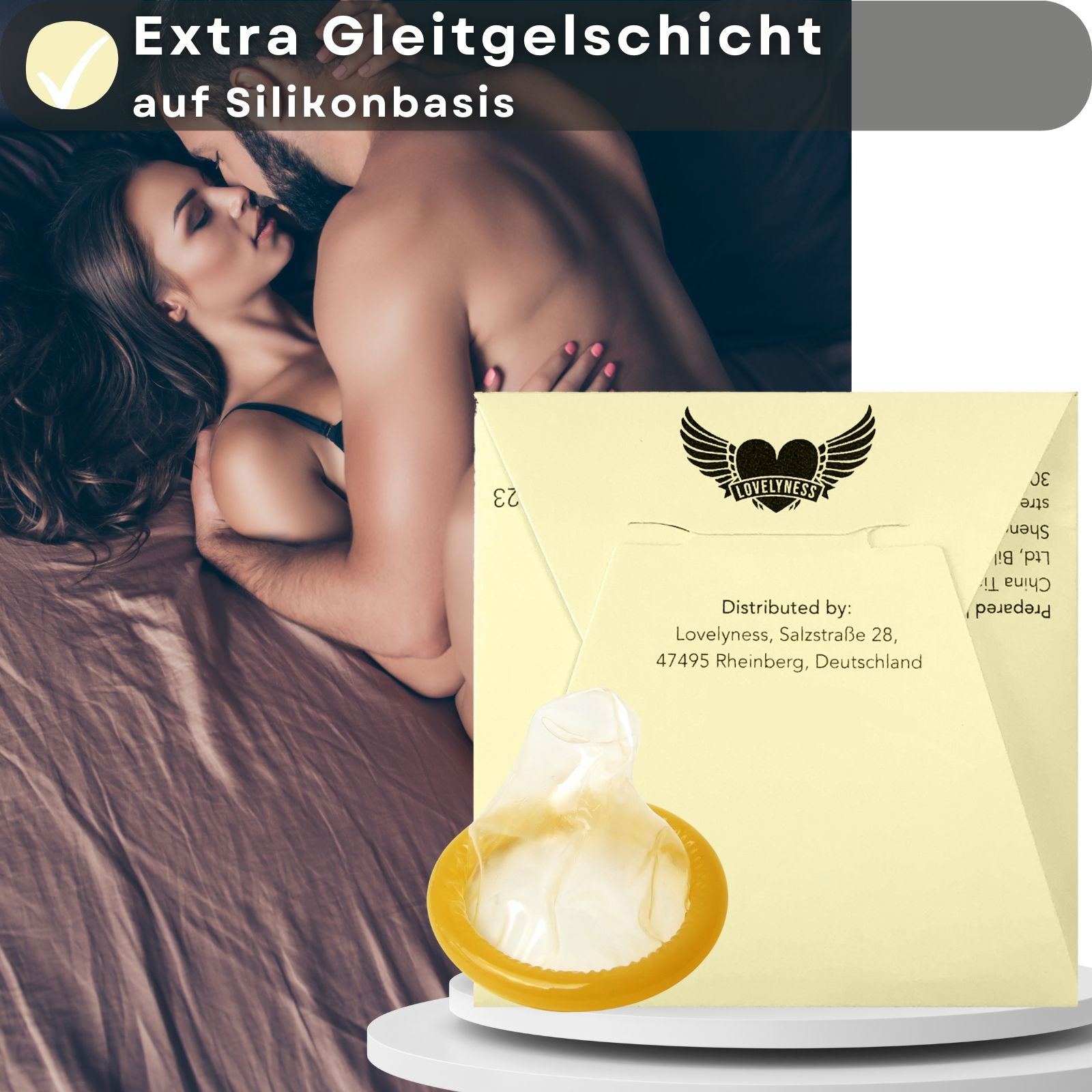 Kondomverpackung mit Text: Extra Gleitgelschicht auf Silikonbasis. Kondom und Verpackung mit Logo.
