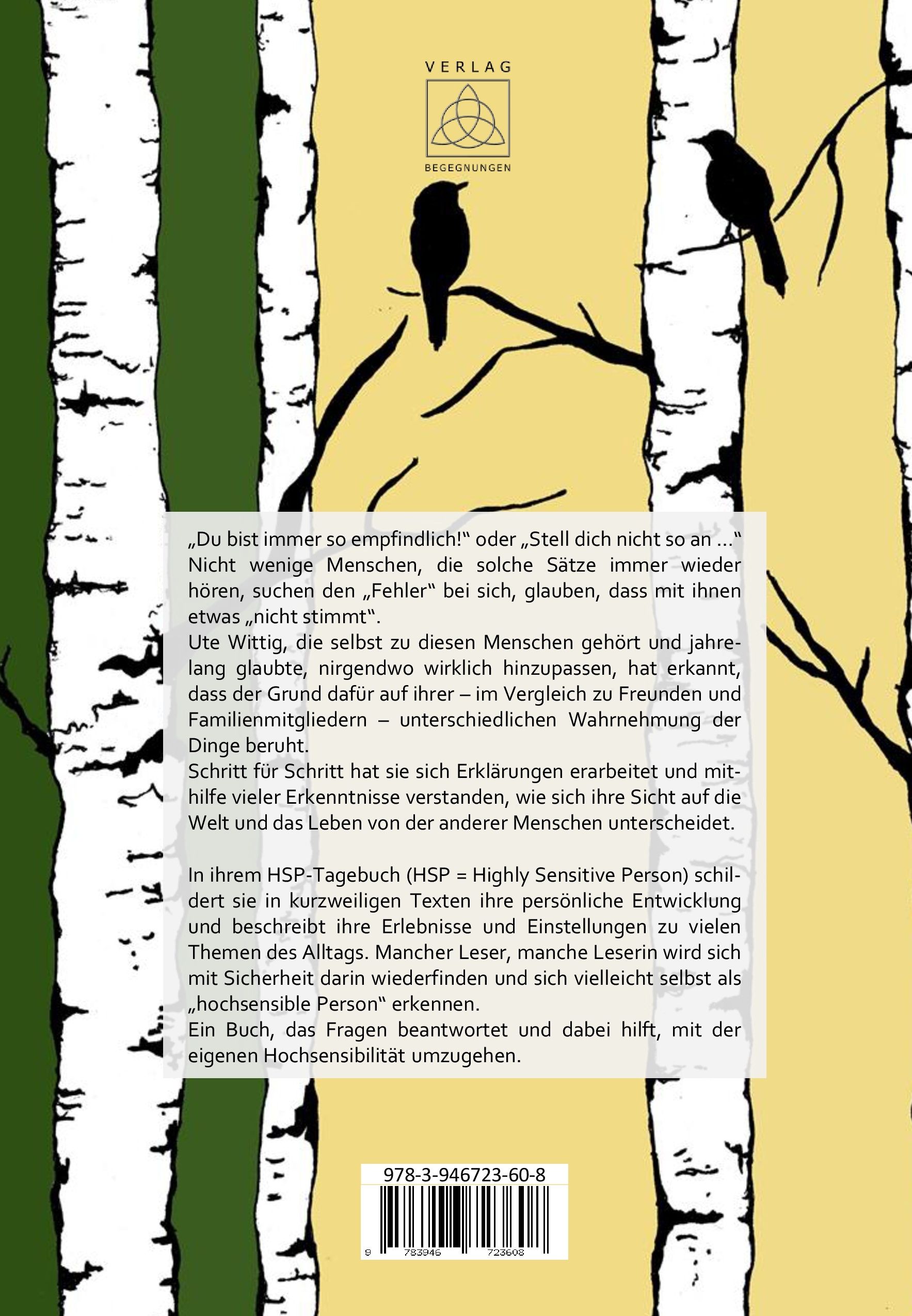 Buchrücken mit Text und ISBN. Titel: "Wie ein Reh im Wald der Gefühle". Birken und Vögel.