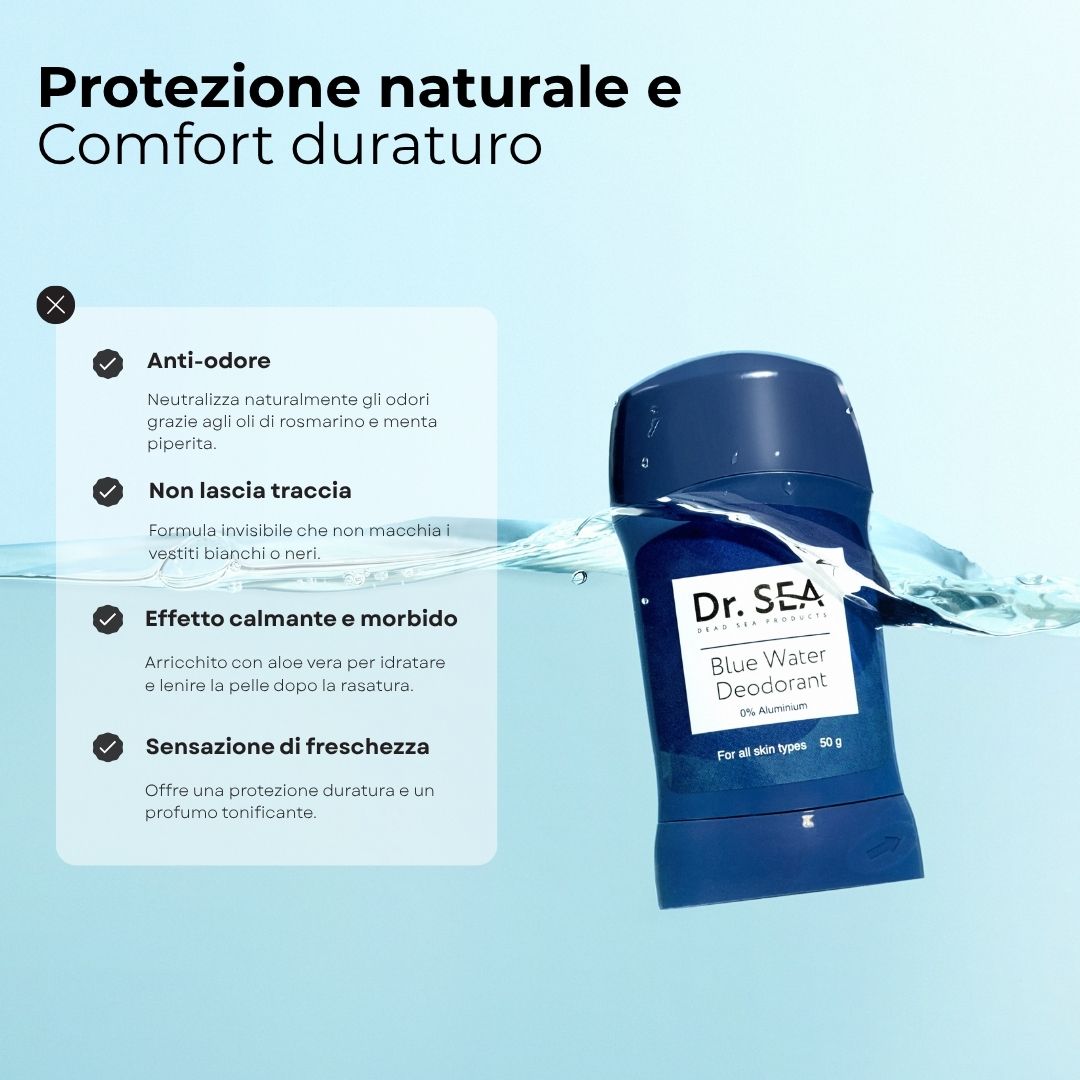 Stick deodorante nell'acqua. Testo: Protezione naturale e comfort duraturo. Anti-odore, nessun residuo, lenisce, freschezza.