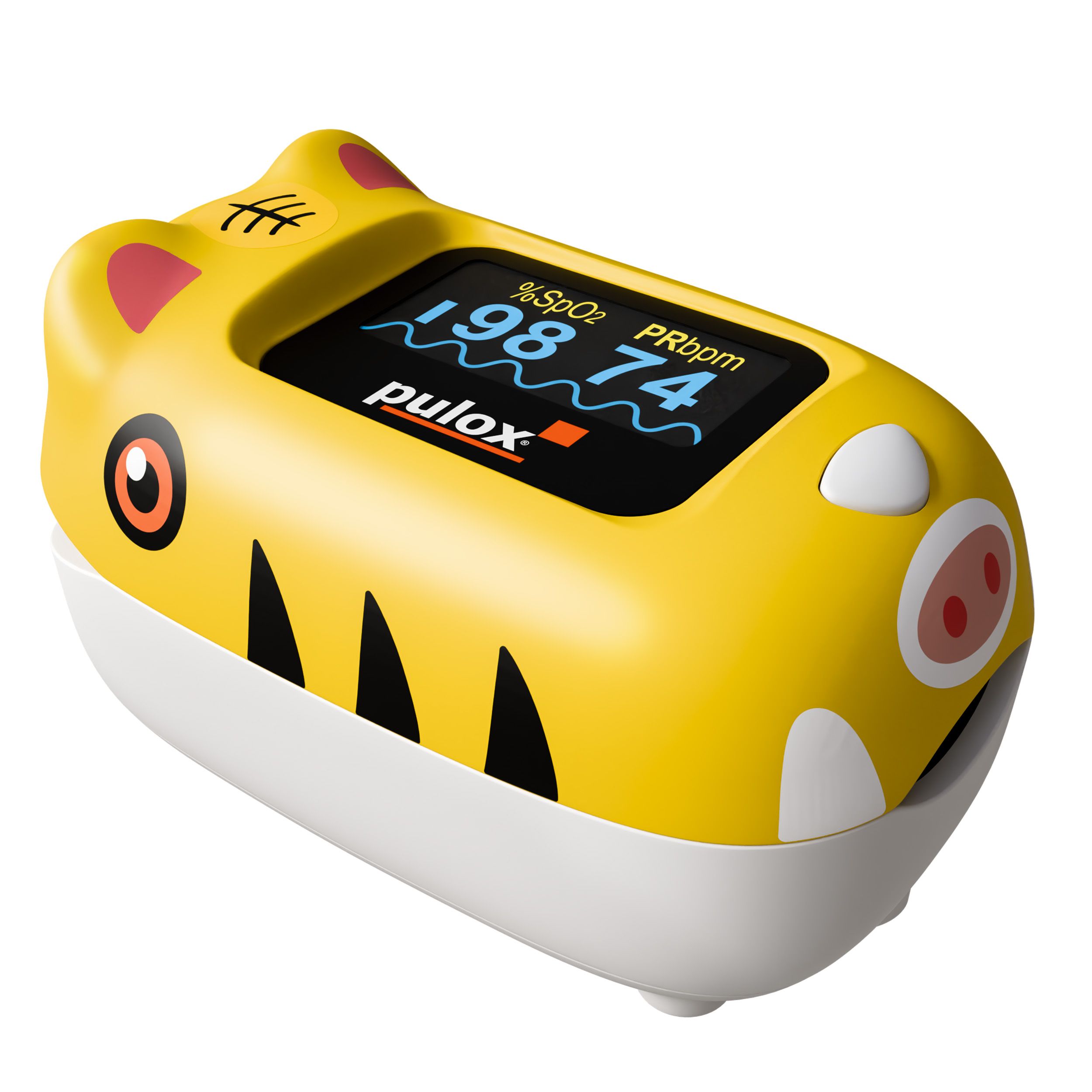 Gelber Pulsoximeter in Tigerform mit LCD-Display, das 98% SpO2 und 74 bpm anzeigt.