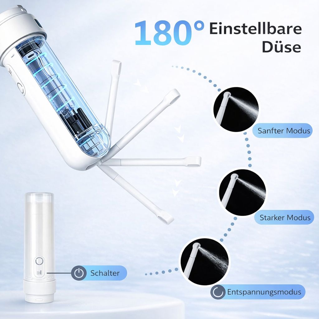 Weißes, tragbares Bidet mit 180° einstellbarer Düse. Drei Sprühmodi: sanft, stark und entspannend. Schalter.