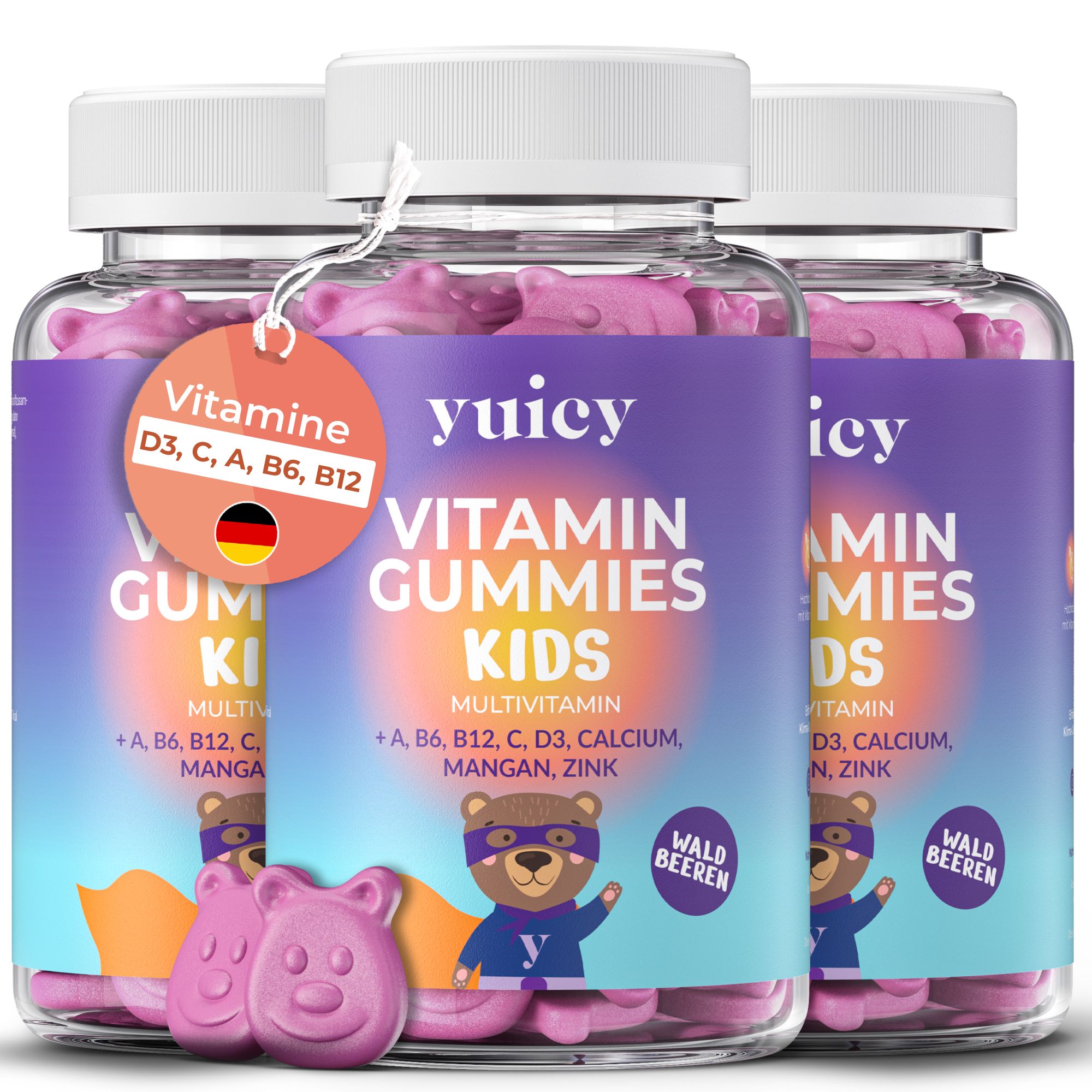 Drei Flaschen yuicy® Vitamin Gummies Kids. Auf jeder Flasche steht "Vitamin Gummies Kids" und "Wald Beeren".