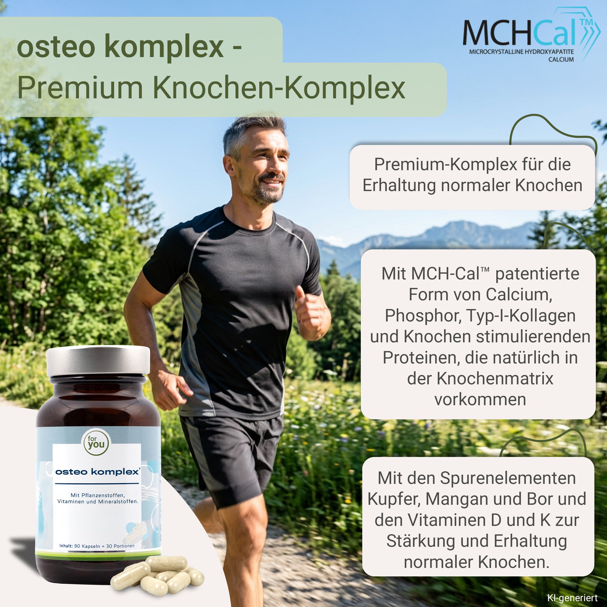 Mann beim Joggen im Freien, neben einer Flasche Osteo Komplex und Text über Knochengesundheit.