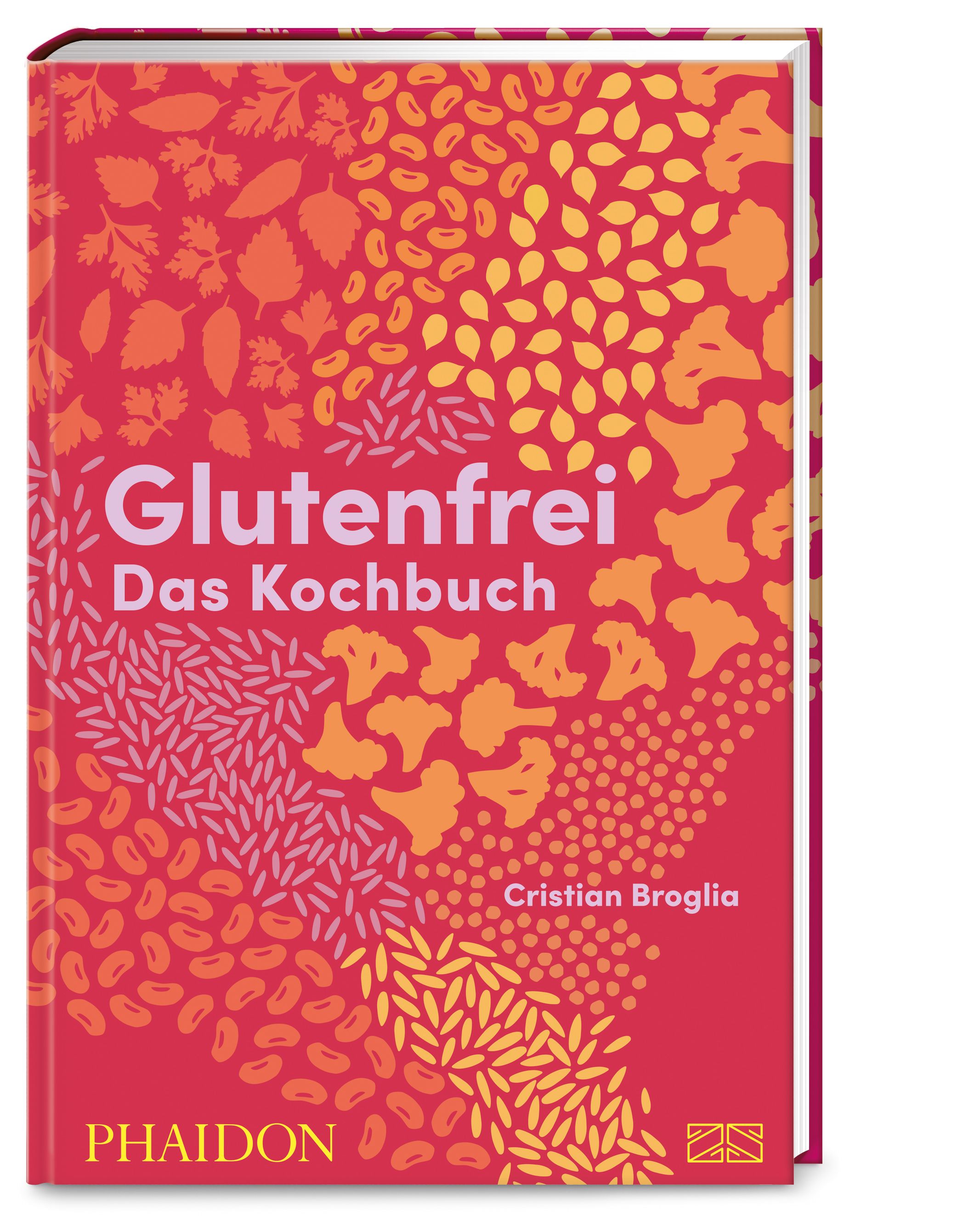 Buch mit dem Titel "Glutenfrei – Das Kochbuch". Roter Einband mit Illustrationen von Lebensmitteln. Autor: Cristian Broglia. Verlag: Phaidon.