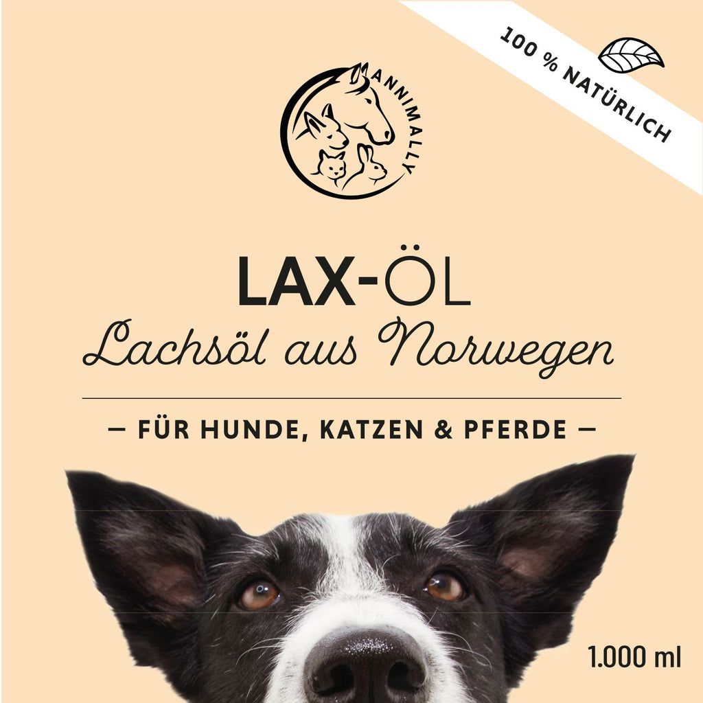 Etikett mit Logo und Text: LAX-ÖL, Lachsöl aus Norwegen, für Hunde, Katzen & Pferde. 1.000 ml. Hundeblick.