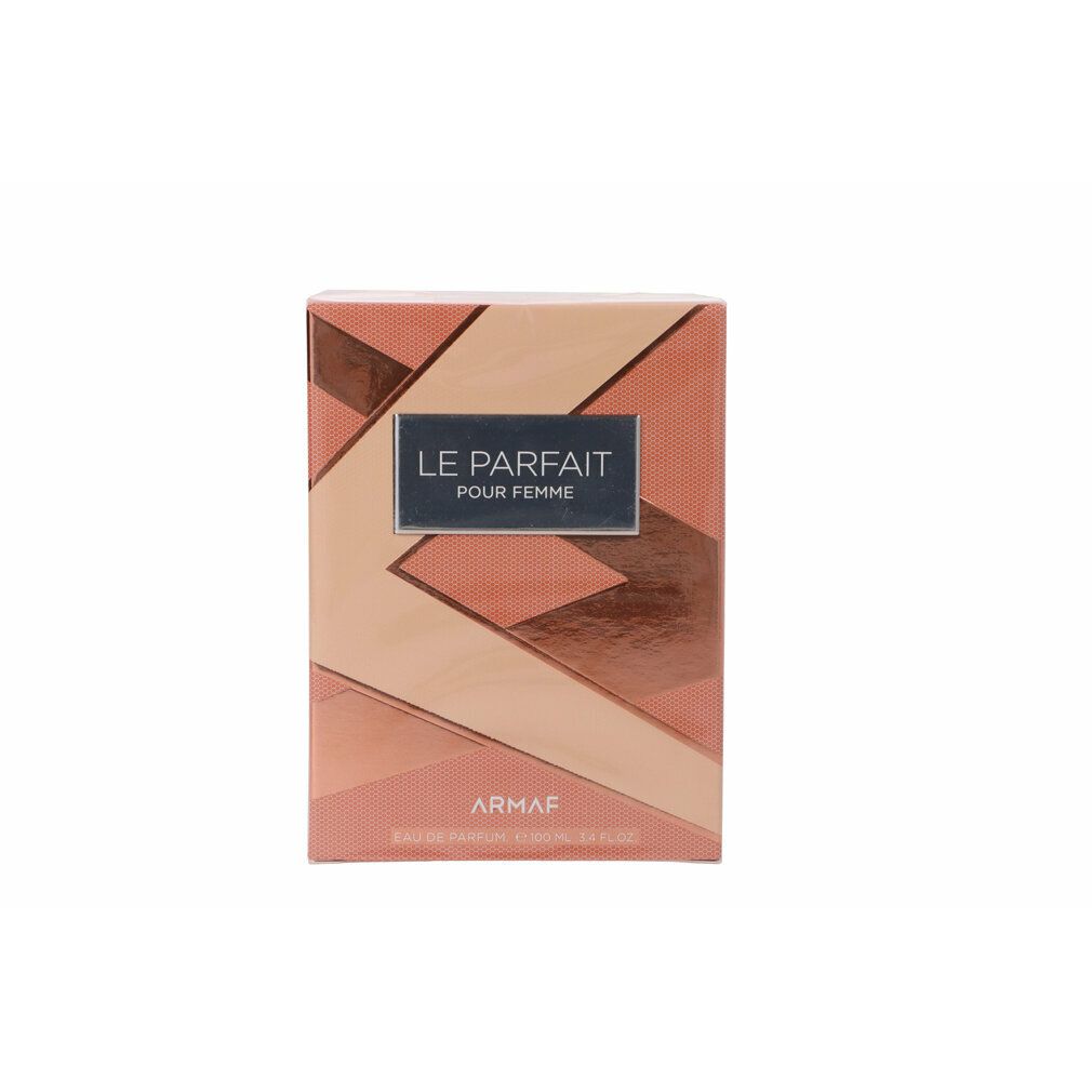 Kartonverpackung mit geometrischem Design. Aufschrift "LE PARFAIT POUR FEMME" und "ARMAF". Rosa und goldfarbene Elemente.