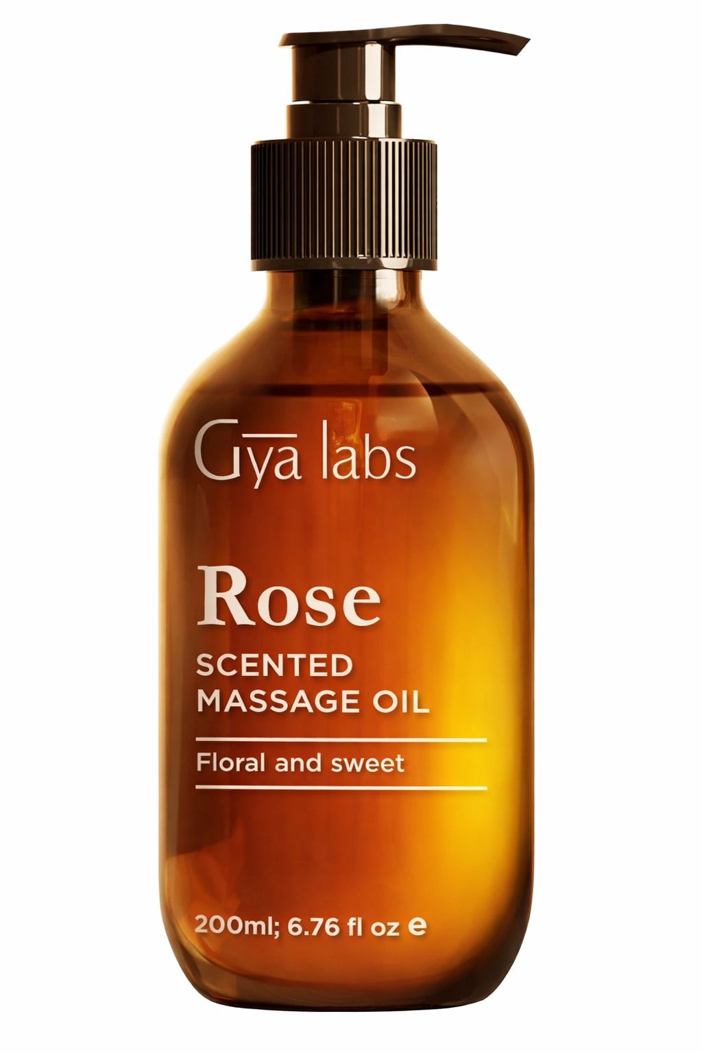 Gya Labs Rosenmassageöl-Flasche. Text: Rose, Scented Massage Oil, Floral and sweet, 200ml, 6.76 fl oz e.