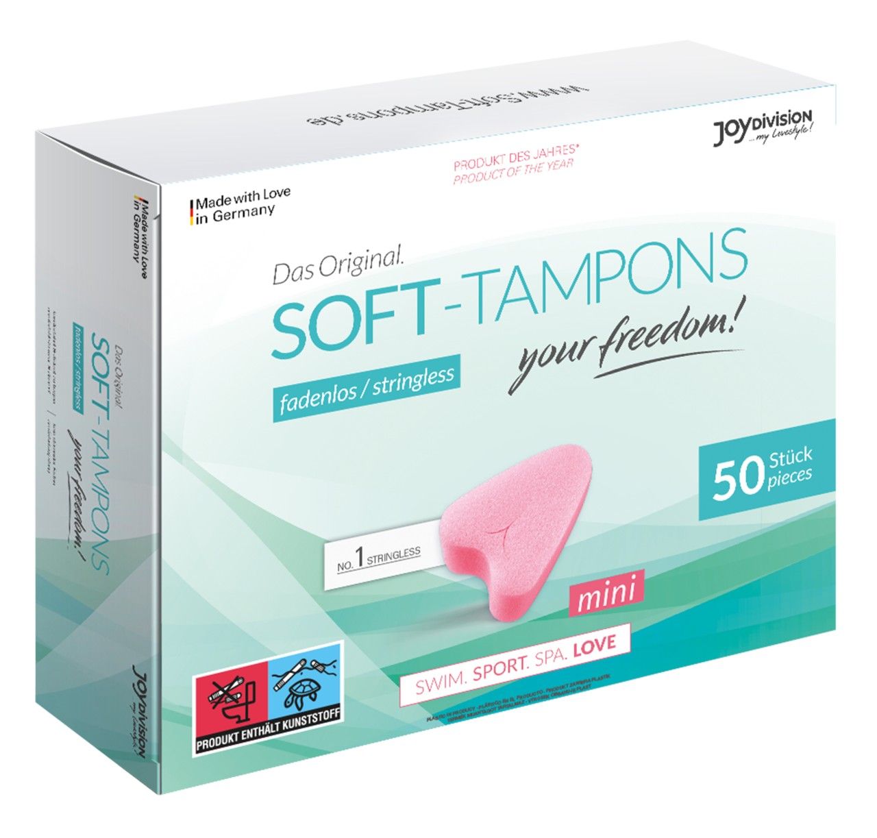 Soft Tampons mini Packung mit 50 Stück. Ein Tampon ist rosa und herzförmig.