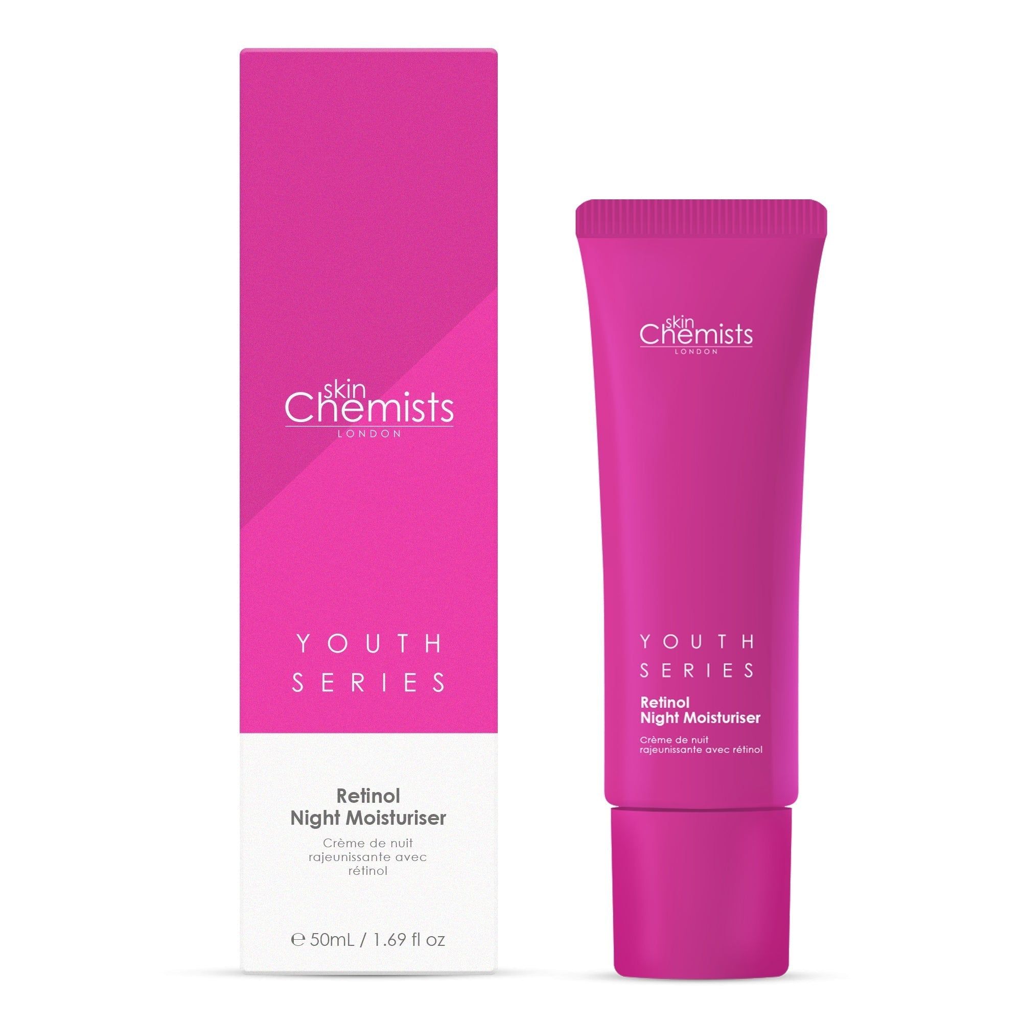 Rosa Tube und Verpackung mit Aufschrift "Youth Series" und "Retinol Night Moisturiser".