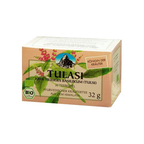 Karton mit Aufdruck. Aufschrift: Tulasi, 100% Heiliges Basilikum, 20 Teebeutel, ayurvedischer Kräutertee, BIO-Siegel.