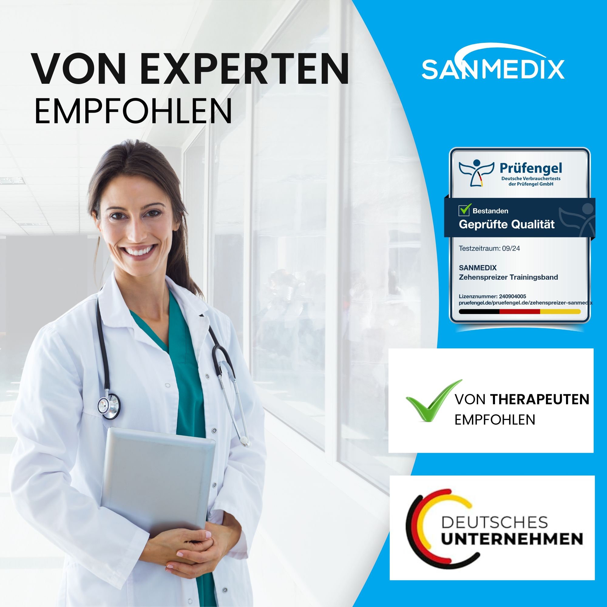 Ärztin mit Tablet. Sanmedix® Logo. Zertifizierungen: Prüfengel, von Therapeuten empfohlen, Deutsches Unternehmen. Produktabbildung.