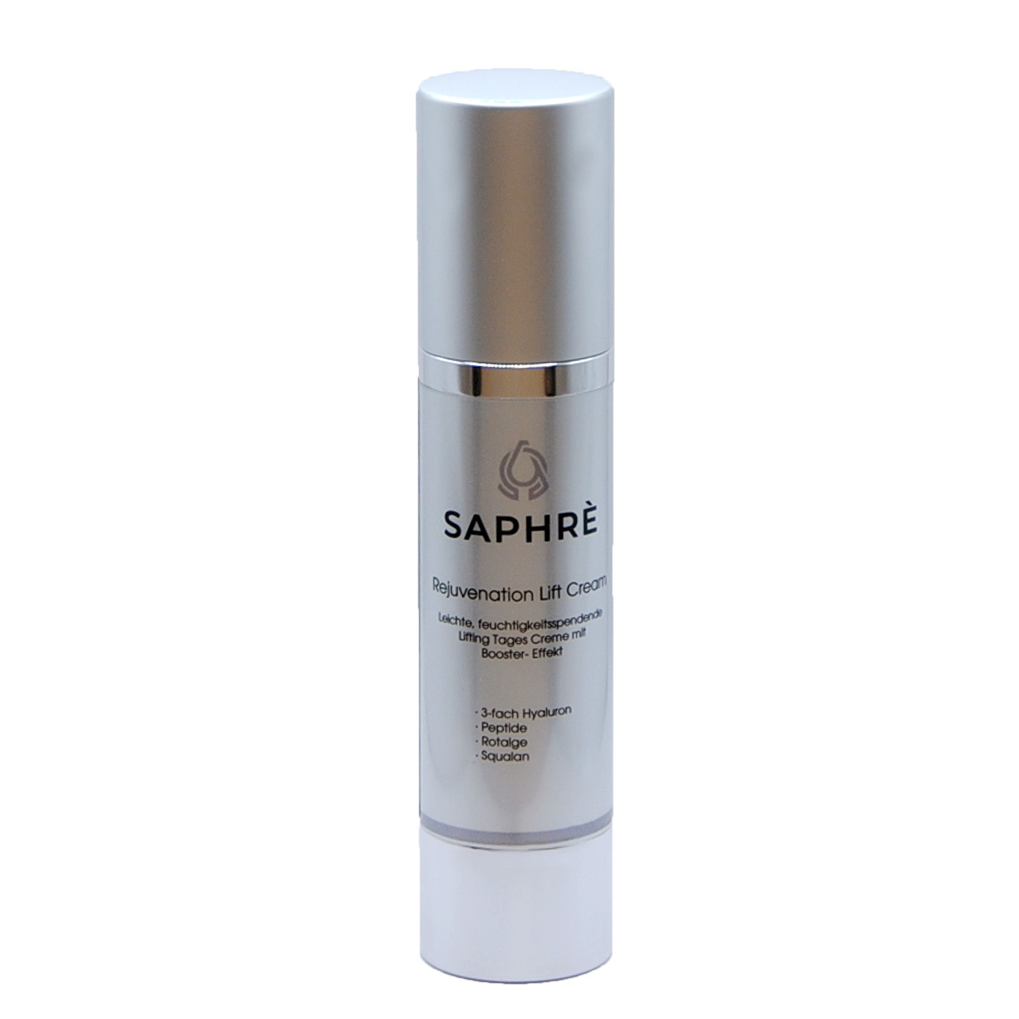 Silberne Creme-Tube mit weißem Deckel. Aufschrift: Saphre Rejuvenation Lift Cream. Enthält 3-fach Hyaluron, Peptide, Solution.