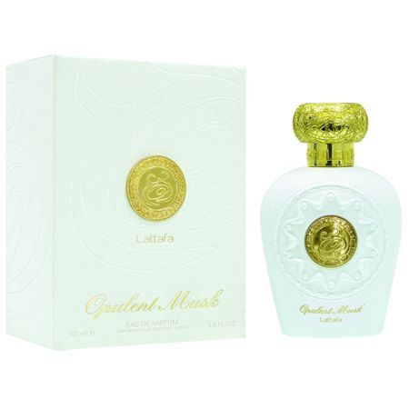 Weiße Flasche und Schachtel. Auf der Flasche und Schachtel steht "Lattafa Opulent Musk Eau de Parfum".