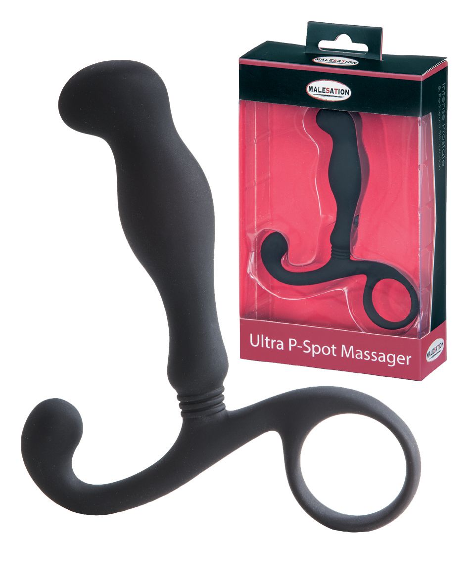 Schwarzes Massagegerät mit Ring und Verpackung. Aufschrift: MALESATION Ultra P-Spot Massager.