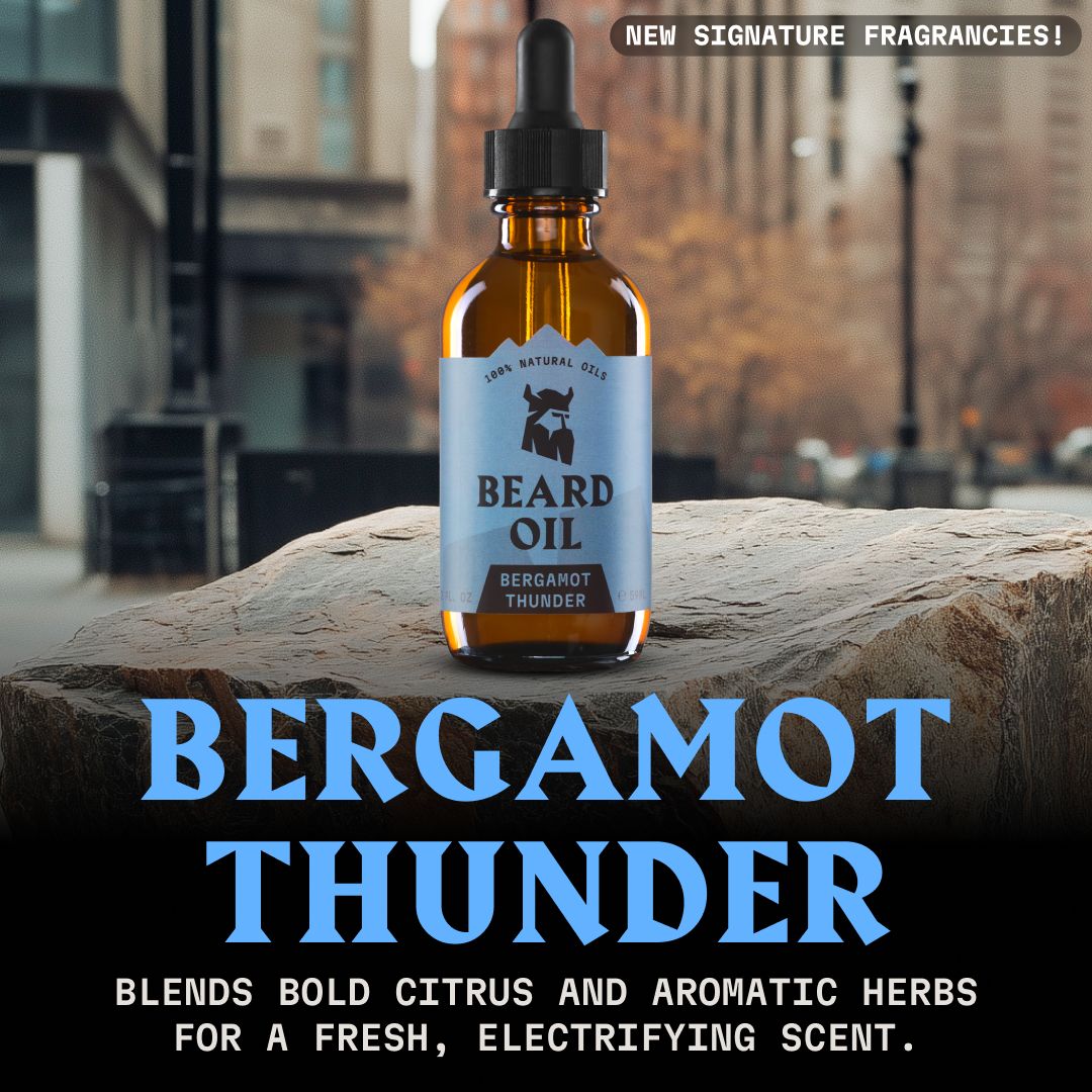 Flasche Bartöl 'Bergamot Thunder' mit Pipette, Zitrone und Blüte, städtischer Hintergrund.