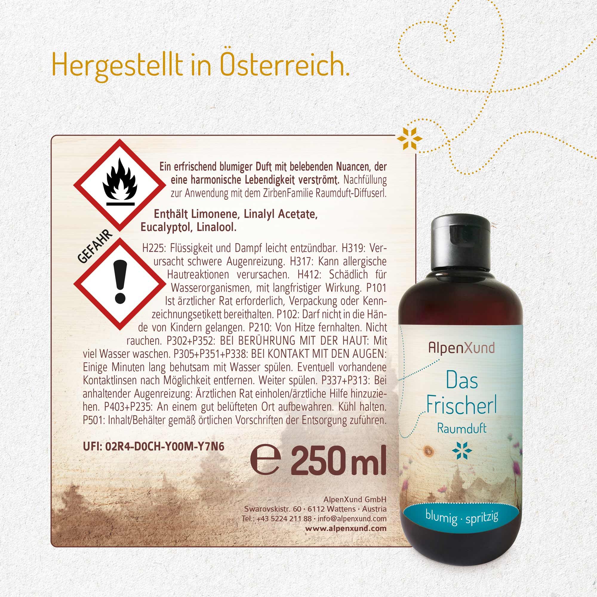 Flasche mit schwarzem Deckel und Text. Aufschrift: AlpenXund, Das Frischerl, Raumduft, blumig-spritzig. Gefahrenhinweise.