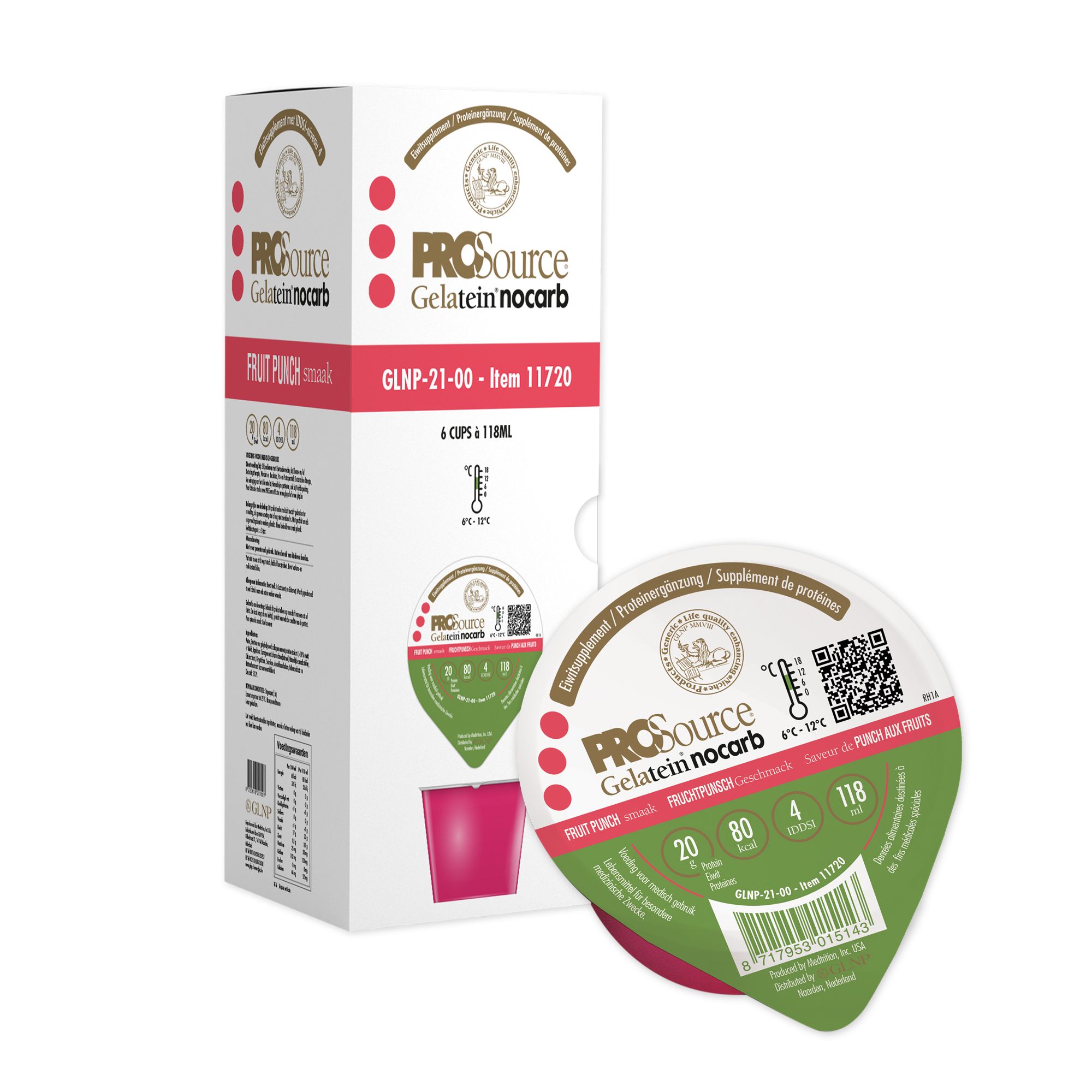 PROSource Gelatein NoCarb, Fruchtgeschmack, in Becher und Verpackung. 6 Becher. Produktbezeichnungen und Nährwertangaben sichtbar.