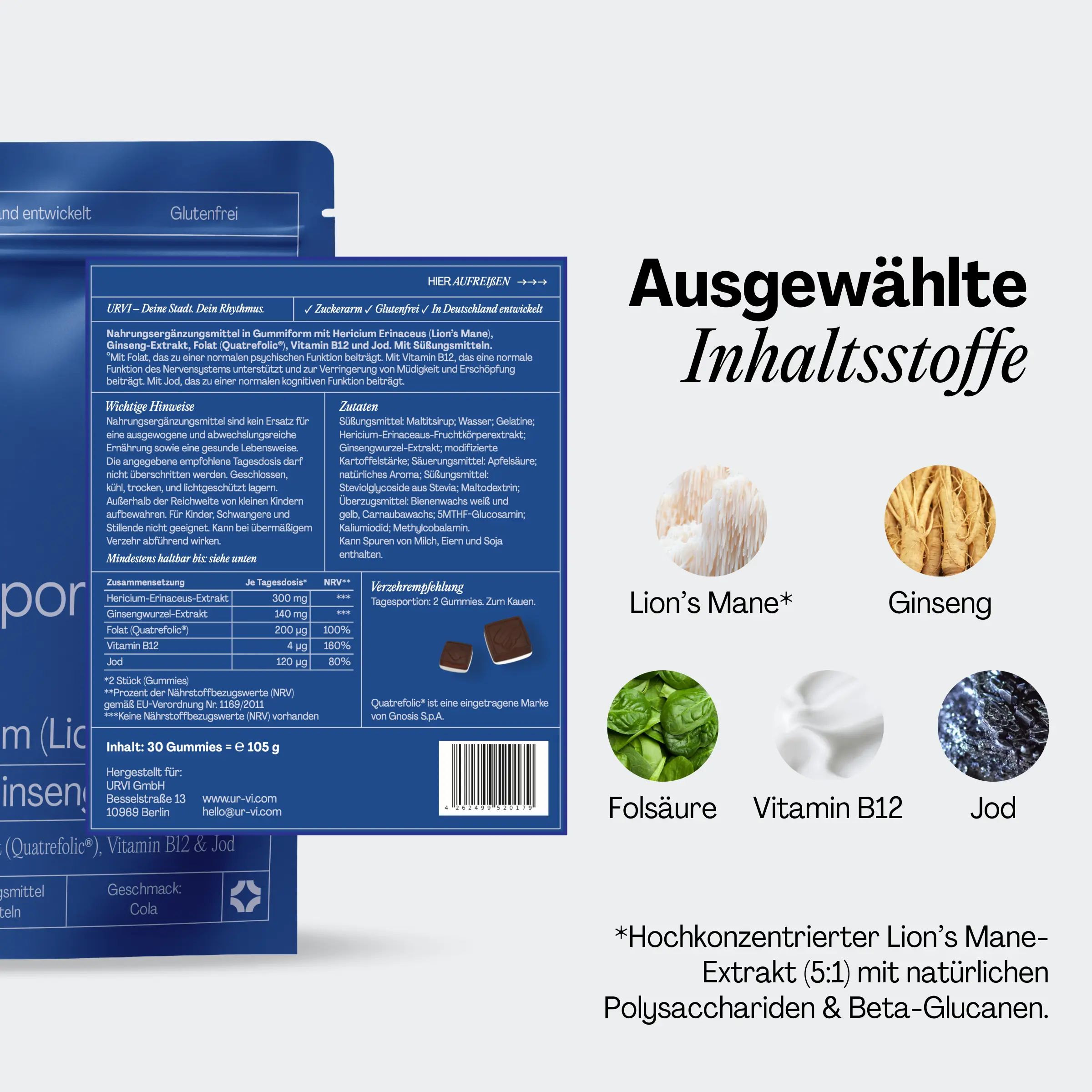Blaue Verpackung mit Produktinformationen. Enthält Inhaltsstoffe wie Lion's Mane, Ginseng, Folsäure, Vitamin B12 und Jod.