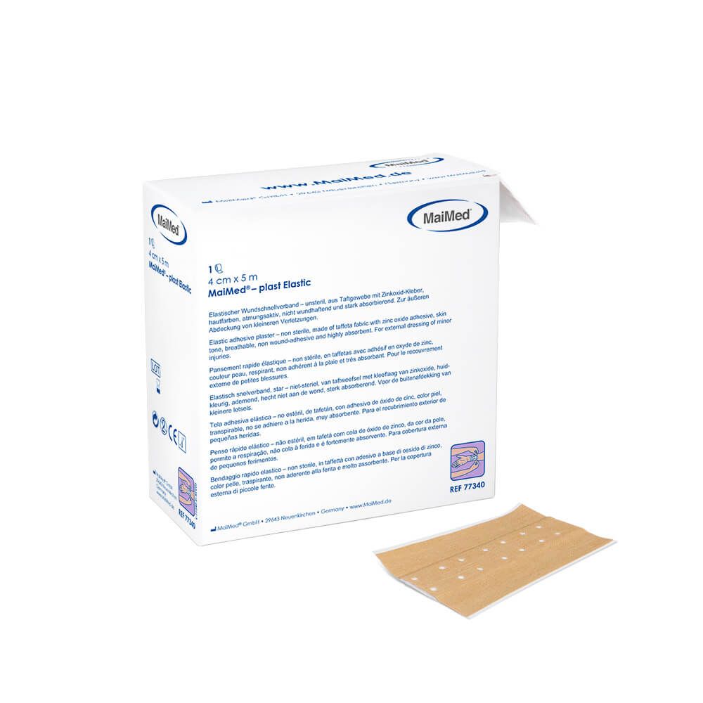 Verpackung von MaiMed-plast Elastic Wundschnellverband. Aufdruck: 4 cm x 5 m. Beige Pflaster daneben.