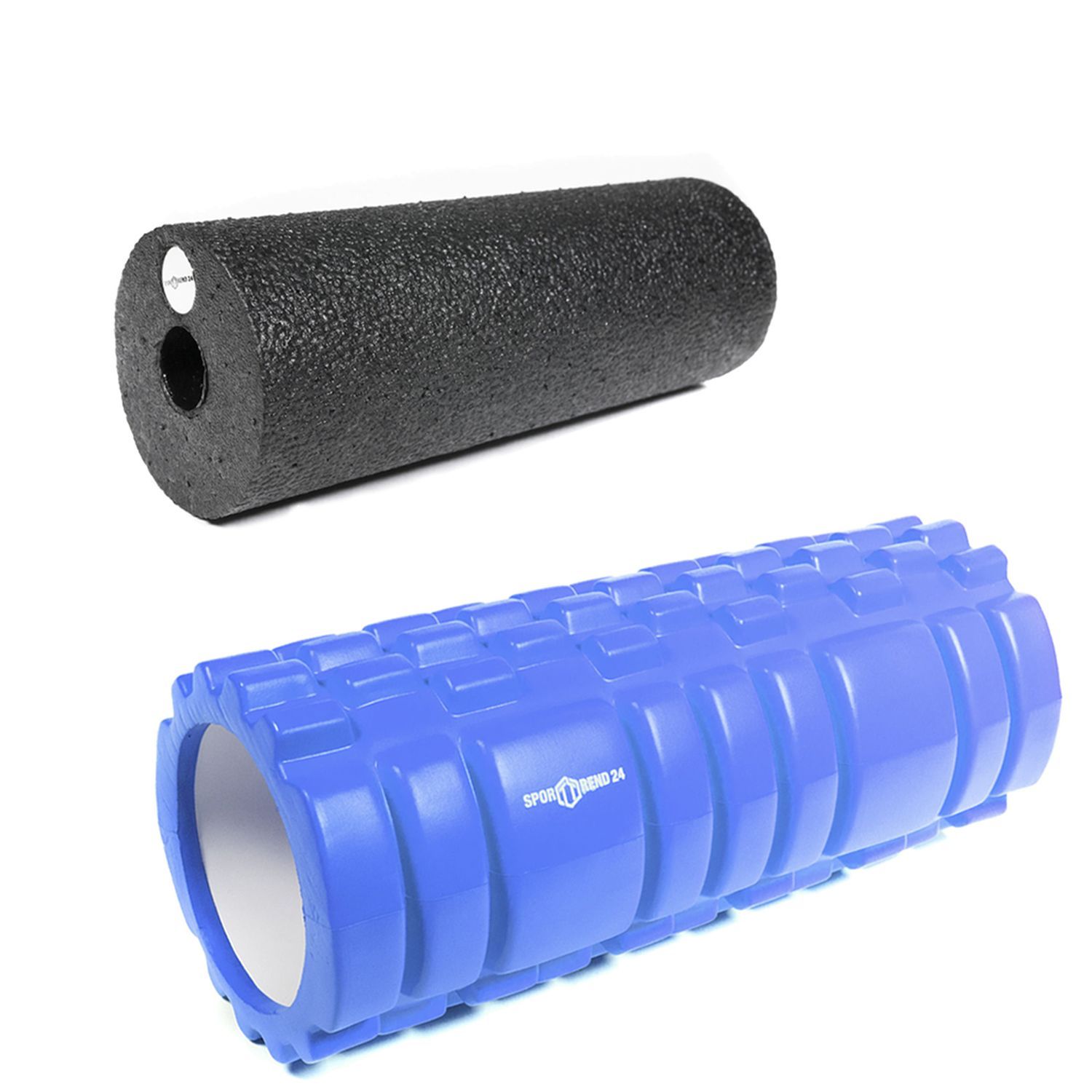 Zwei Faszienrollen. Eine schwarze, glatte Rolle und eine blaue Rolle mit Noppen. Beide haben eine zylindrische Form.
