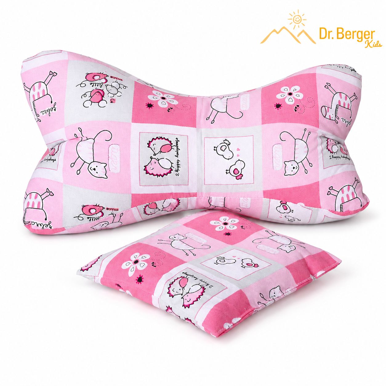 Zwei Kissen im Set: Ein Leseknochen und ein Kirschkernkissen, beide mit rosa Tiermotiv.