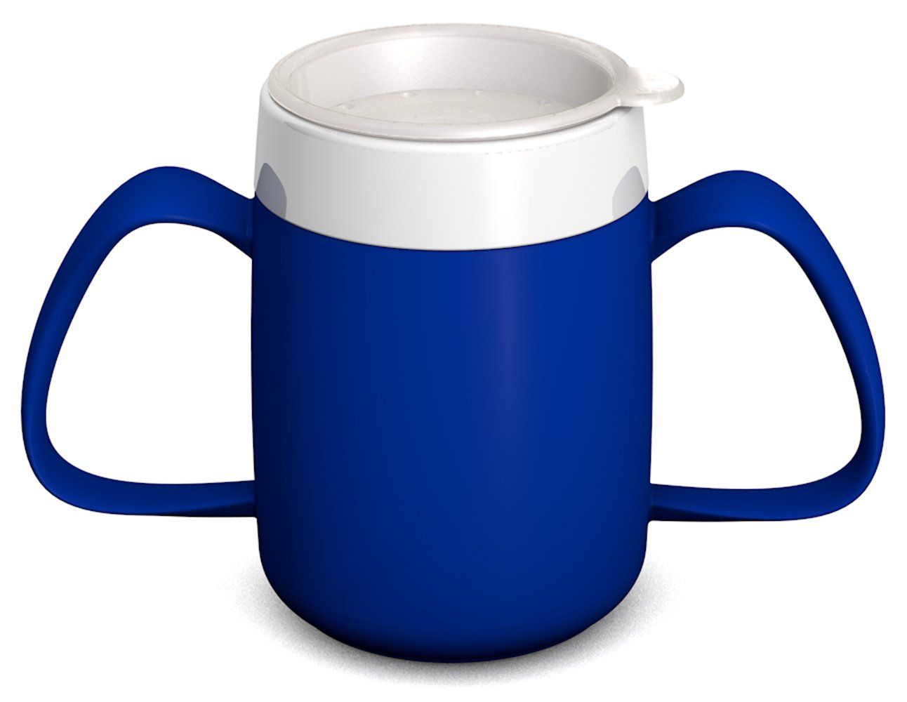 Blauer Becher mit zwei Henkeln und weißem Deckel. Trinkaufsatz integriert.