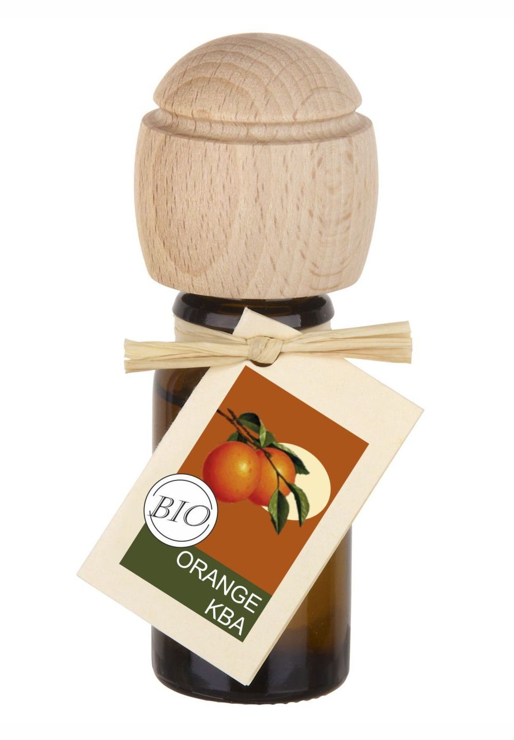 Braune Glasflasche mit Holzverschluss und Etikett. Etikett mit Orangen-Abbildung und "BIO"-Siegel. KBA-Kennzeichnung.