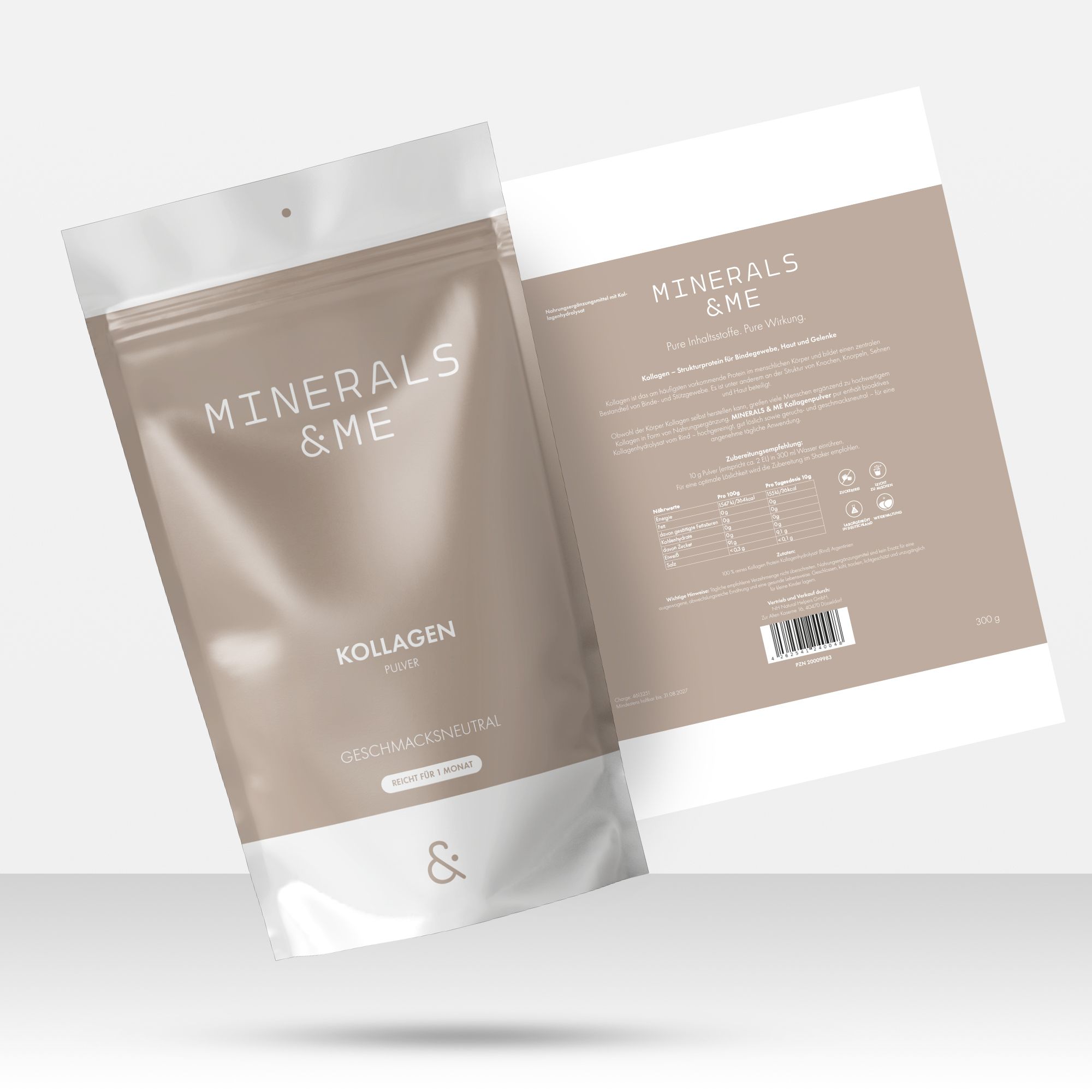 MINERALS & ME Kollagenpulver Beutel. Rückseite mit Informationen. Aufdruck: MINERALS & ME, Kollagen, geschmacksneutral.