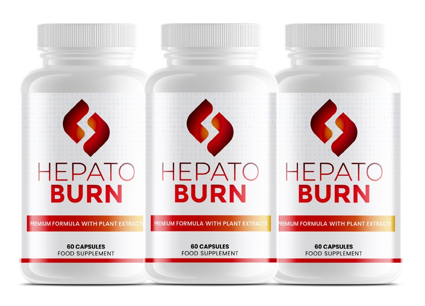 Drei weiße Flaschen mit rotem Etikett. Aufschrift: Hepato Burn, 60 Kapseln. Premium-Formel mit Pflanzenextrakten. Nahrungsergänzungsmittel.