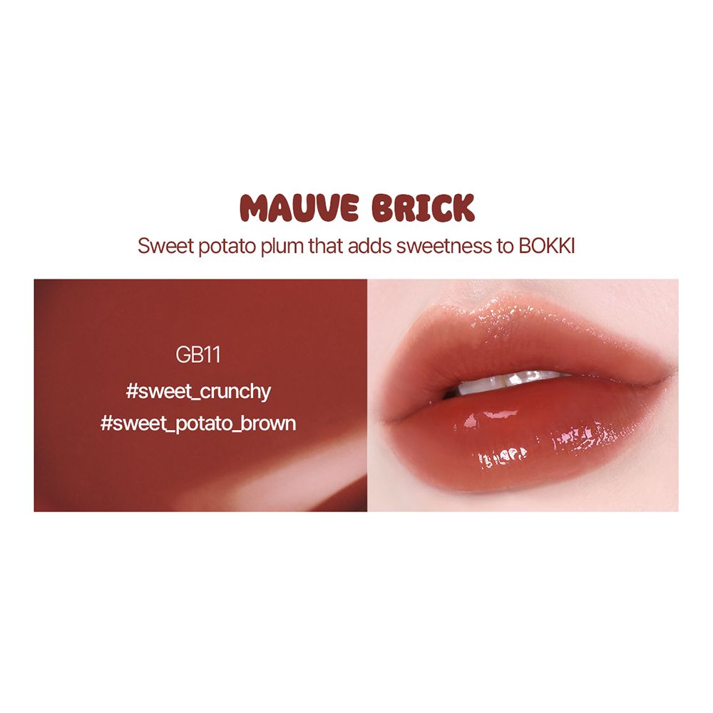 Nahaufnahme von Lippen mit Lippenfarbe. Text: "MAUVE BRICK", "GB11", "#sweet_crunchy", "#sweet_potato_brown".