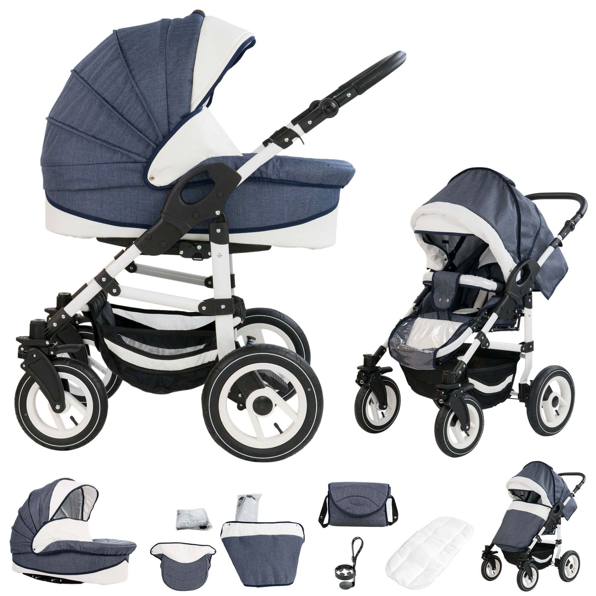 Bebebi Florenz 2 in 1 Kombikinderwagen Hartgummireifen, Neptun Blue White