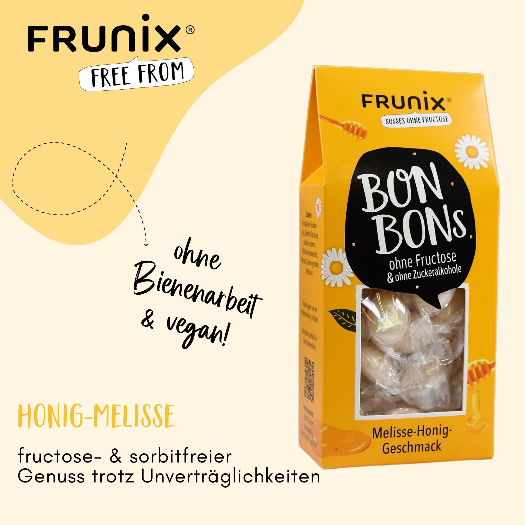 Gelbe Verpackung mit Bonbons. Aufschrift: BON BONS ohne Fructose & ohne Zuckeralkohole. Honig-Melisse. Ohne Bienenarbeit & vegan!