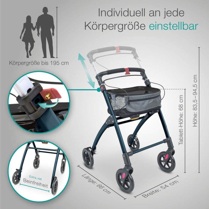 Rollator mit Maßangaben: Höhe 83,5-94,5 cm, Länge 66 cm, Breite 54 cm. Einstellbar.